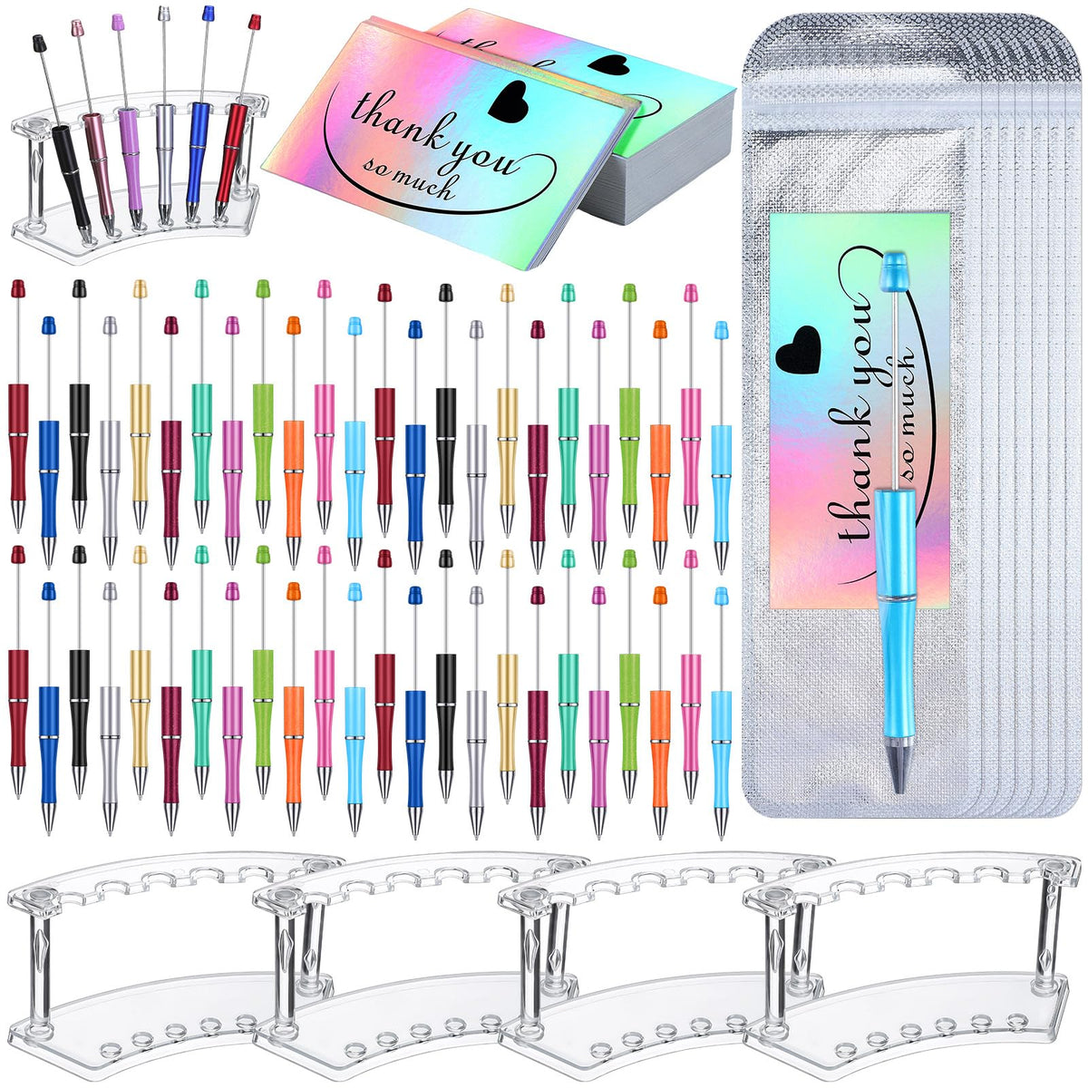Tenceur 148 Pcs Beadable Pen Set Back to School Gift 48 Plastic Beadable Pen 48 Resealable Pouch