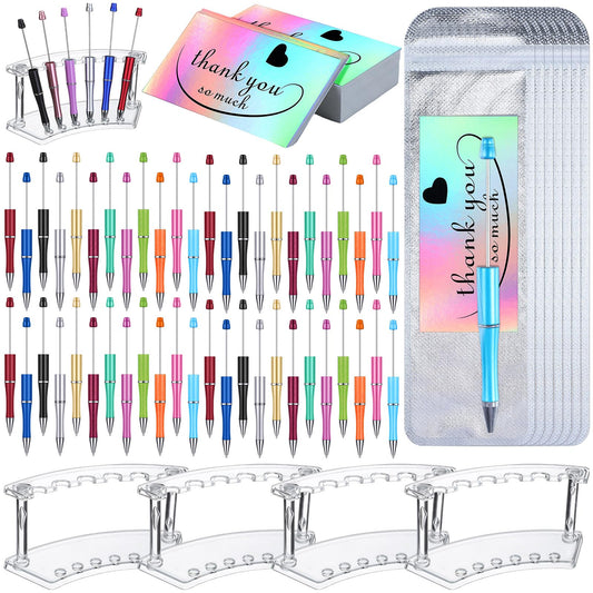 Tenceur 148 Pcs Beadable Pen Set Back to School Gift 48 Plastic Beadable Pen 48 Resealable Pouch