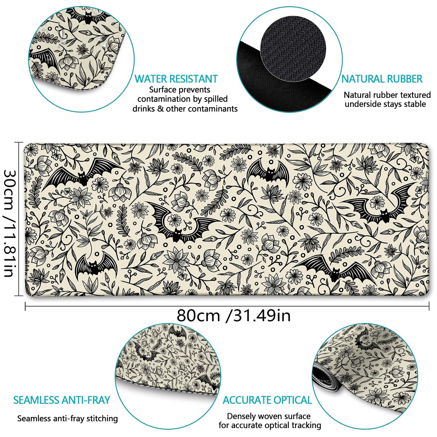 LIMKRIAN Bat Mouse Pad, Large Gaming Desk Mat, 31.5 x 11.8 in Gothic Decor