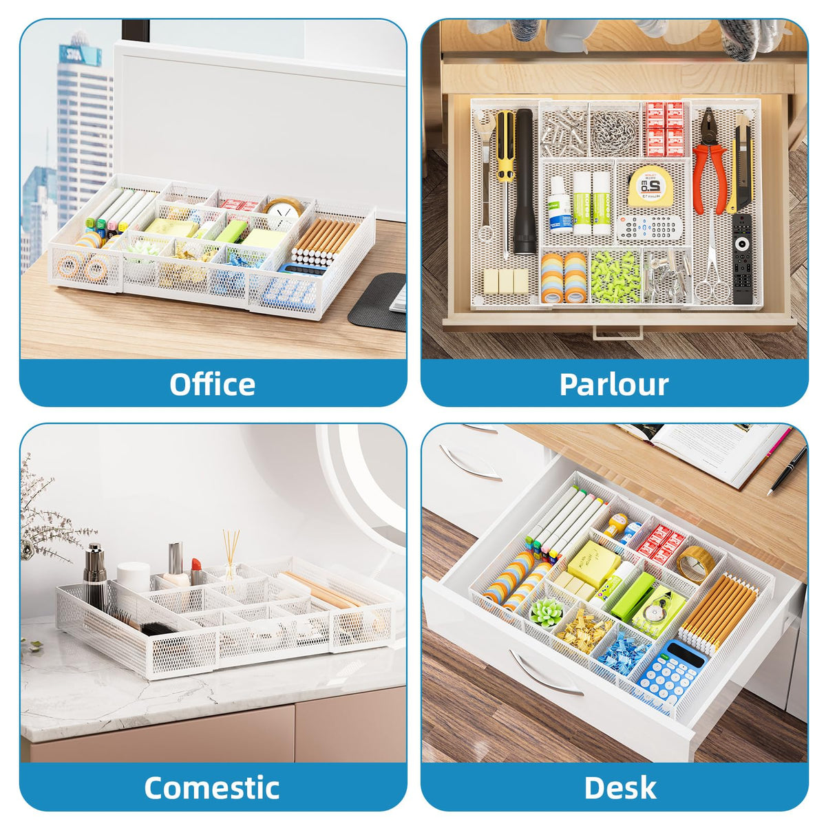Marbrasse Expandable Desk Drawer Organizer, Mesh Drawer Organizer Tray with 10 Adjustable