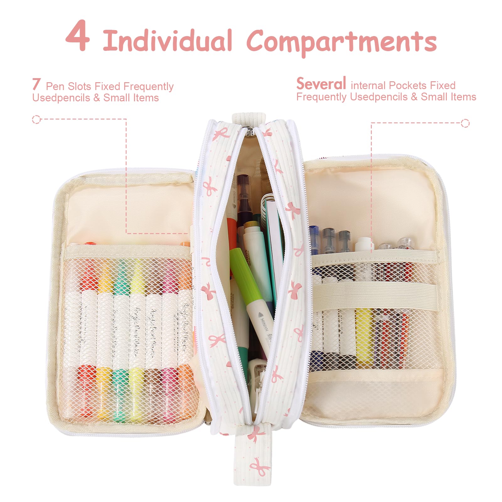 BuyCard Large Capacity Cute Pencil Case, Aesthetic Pen Pouch, White with Pink Bow Pattern Pencil