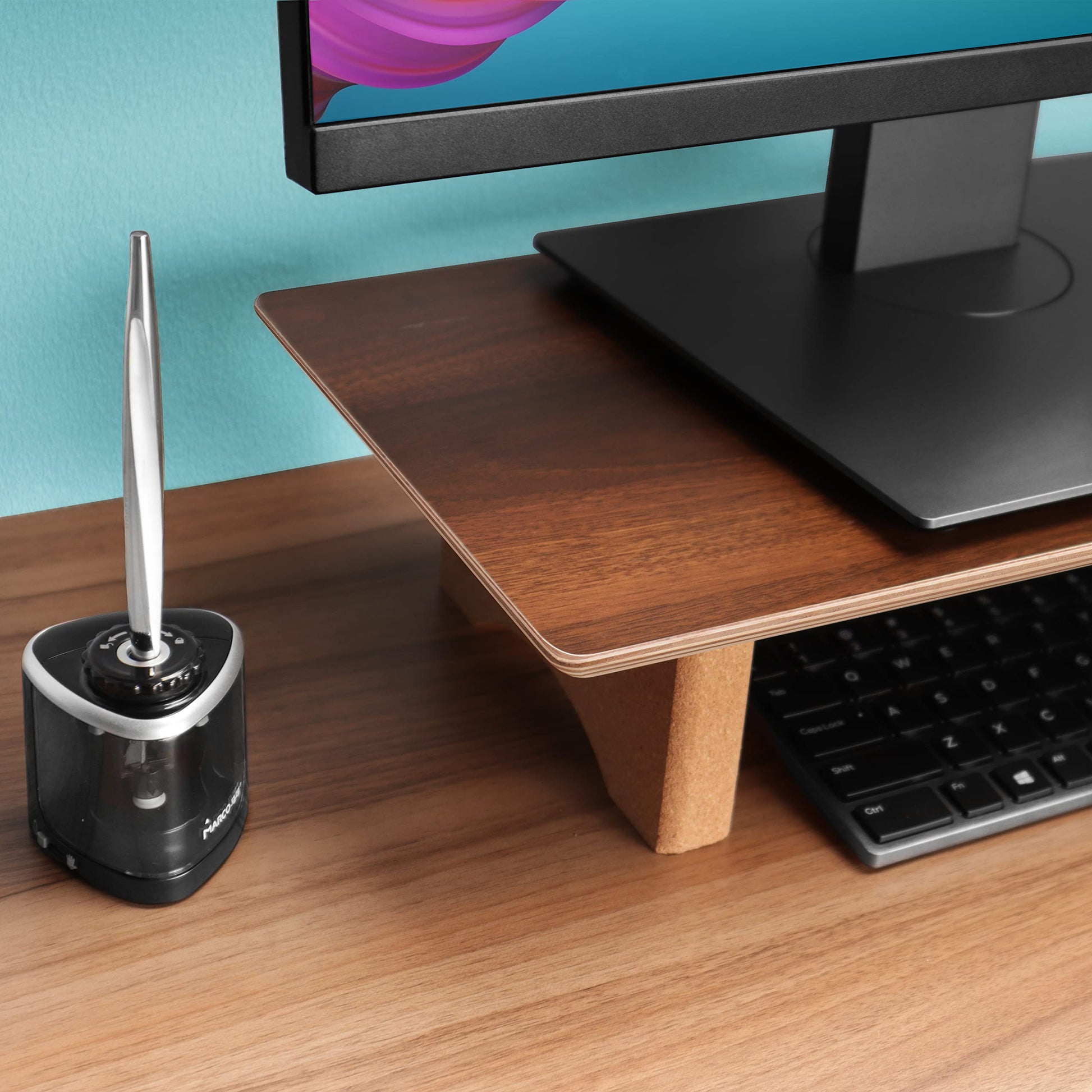 Aothia 43 inch Black Walnut Finish Dual Monitor Stand for Desk, Cork Legs