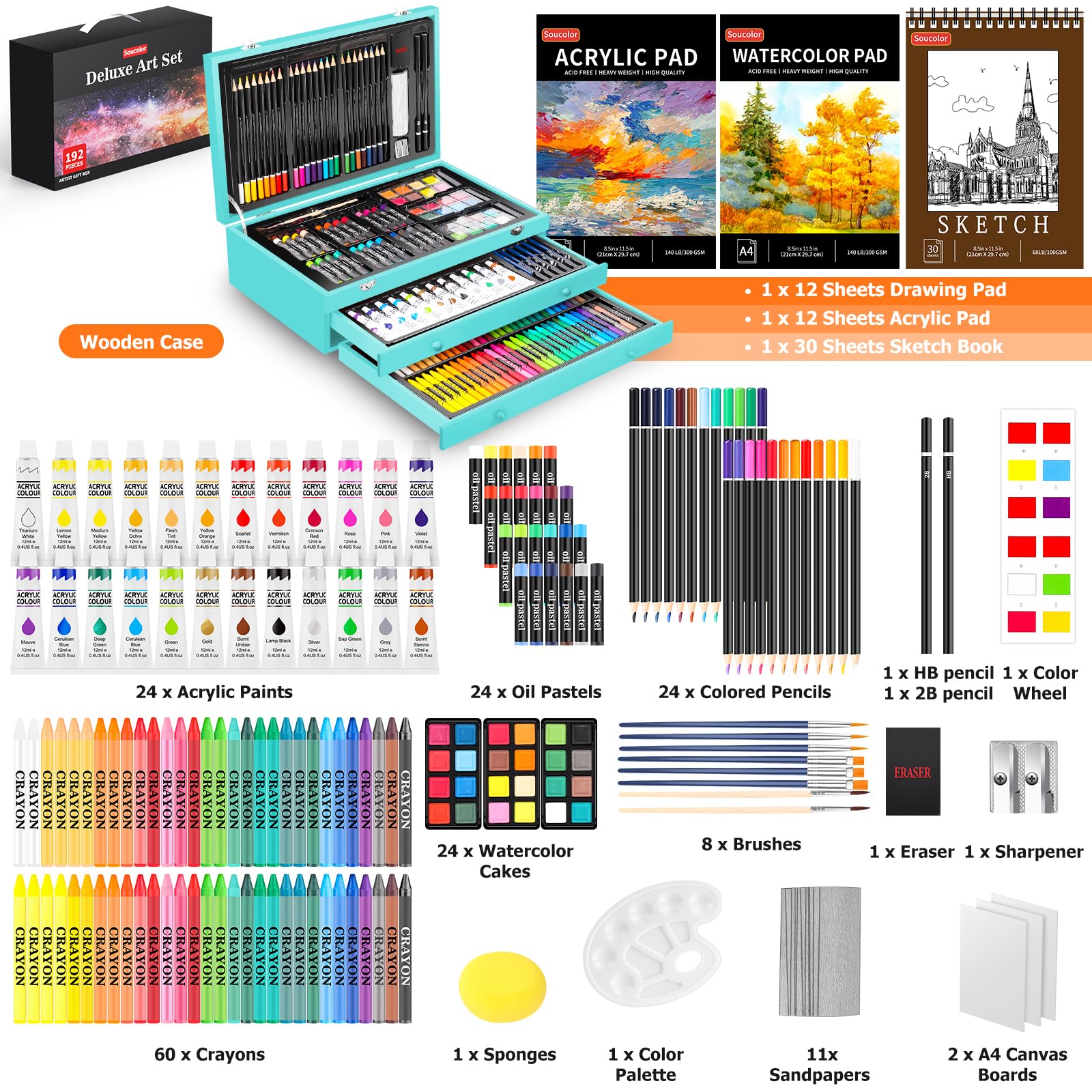 Soucolor Art Supplies, 192-Pack Deluxe Art Set Drawing Painting Supplies