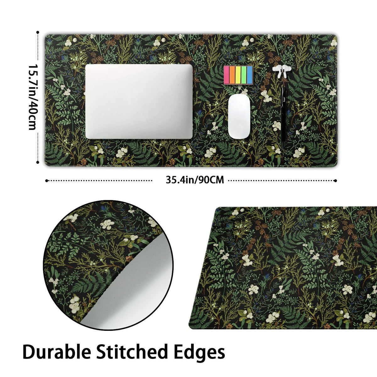 Black Aesthetic Vintage Botanical Gaming Mouse Pad XXL Cute Forest Green Plant Nature Floral