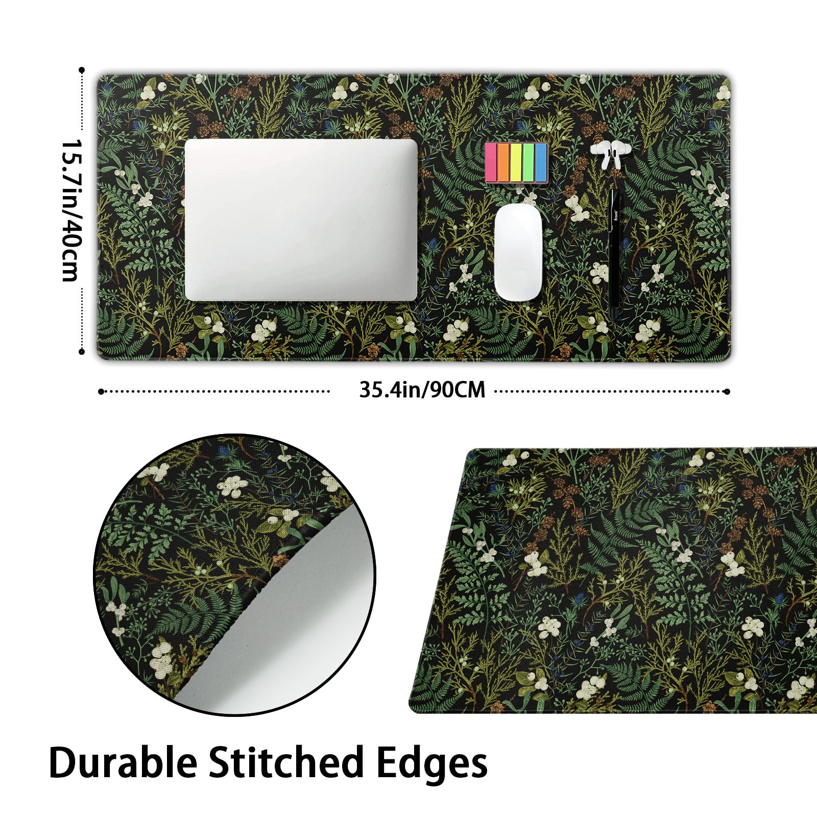 Black Aesthetic Vintage Botanical Gaming Mouse Pad XXL Cute Forest Green Plant Nature Floral