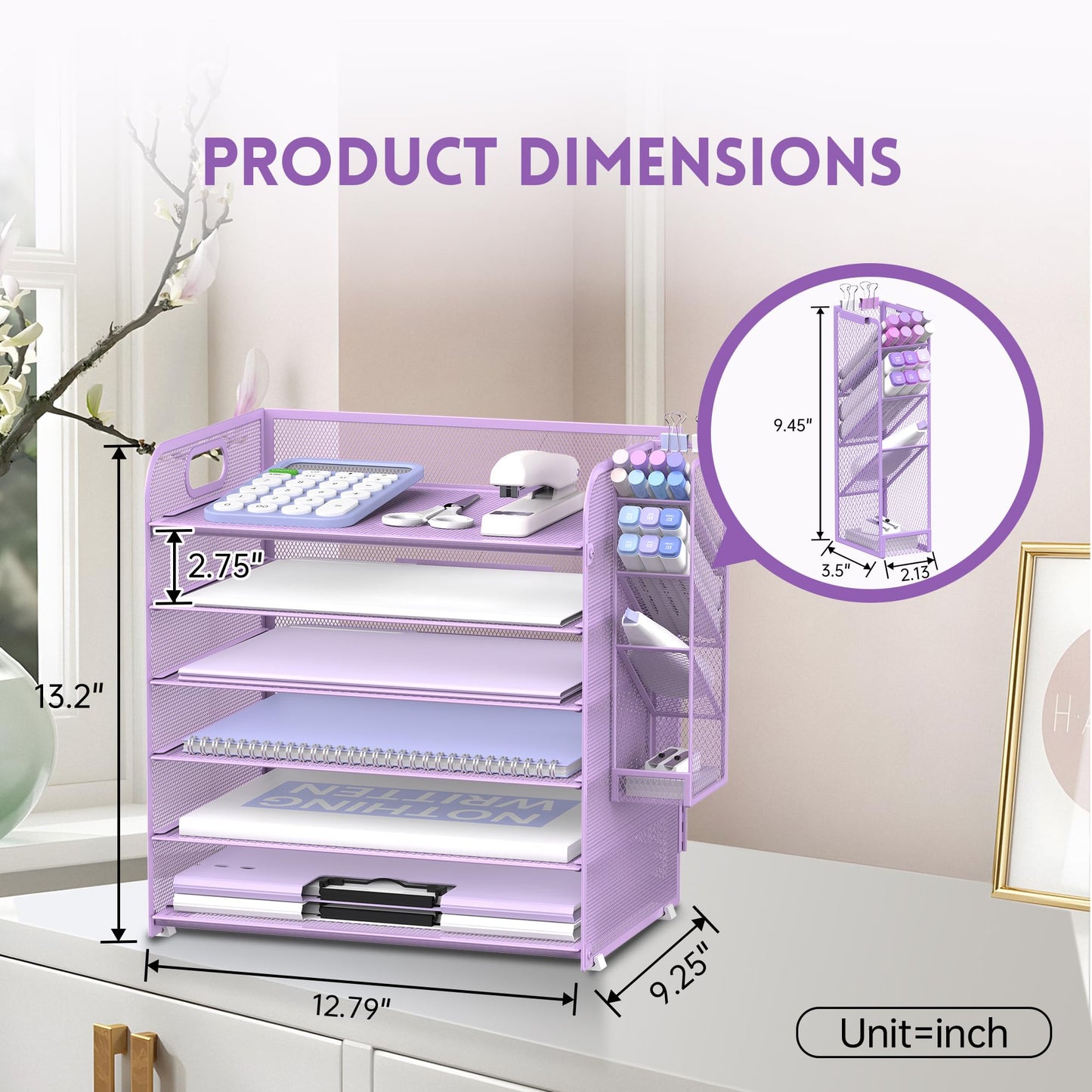 Supeasy 6 Tier Desk Organizer with 4 Pen Holders & Mesh Paper Trays Purple