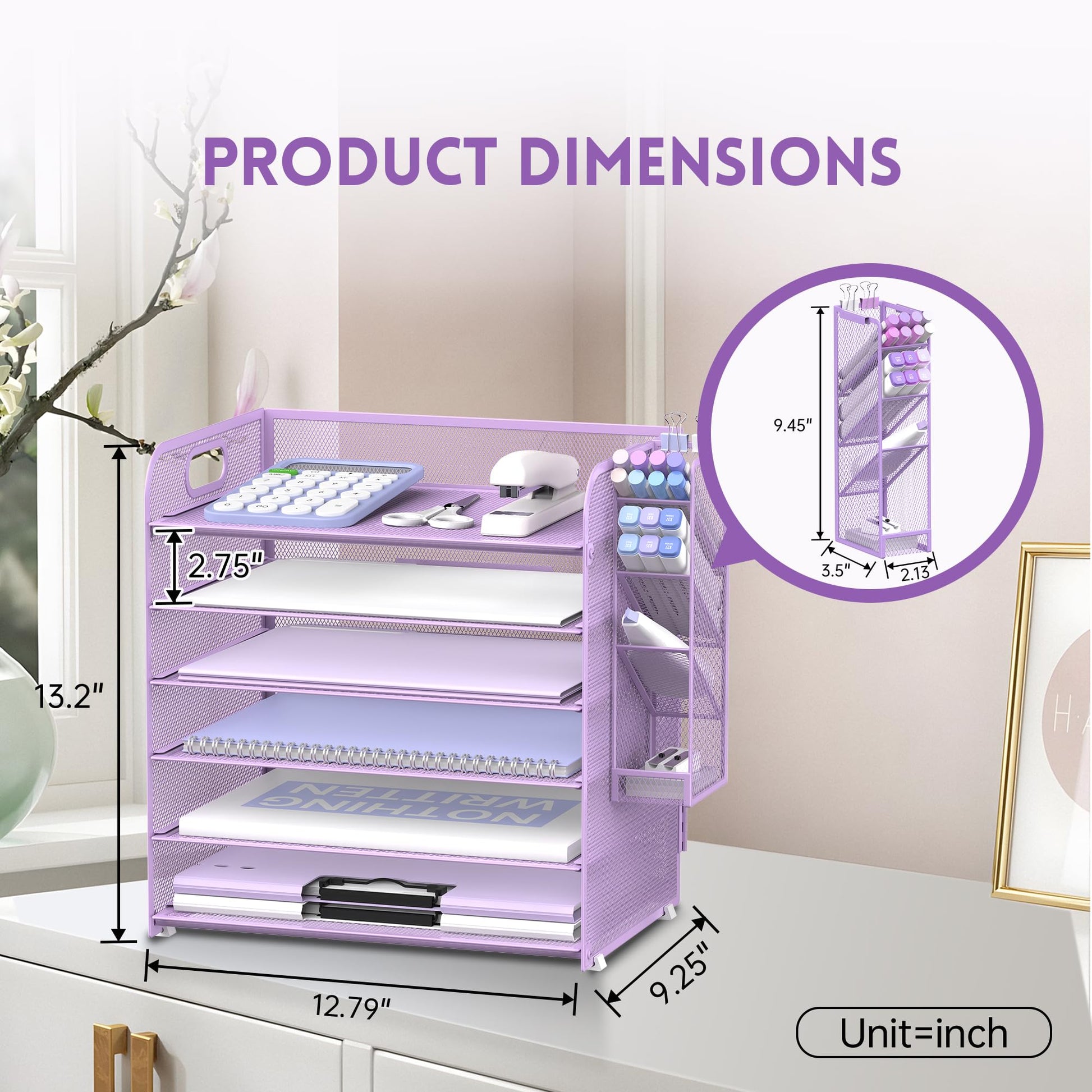 Supeasy 6 Tier Desk Organizer with 4 Pen Holders & Mesh Paper Trays Purple