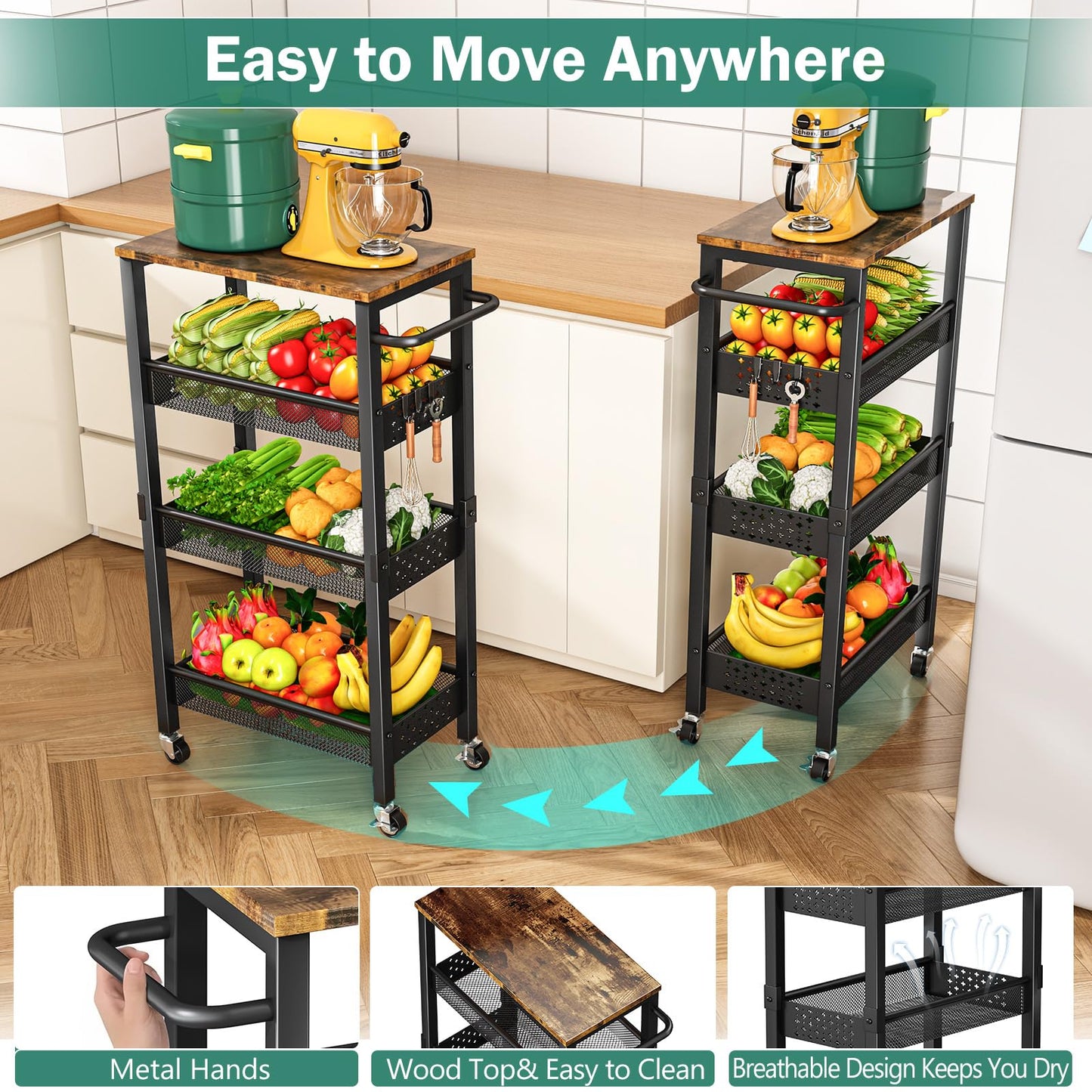 Vivihomety 4-Tier Laundry Utility Rolling Cart with Wheels, Metal