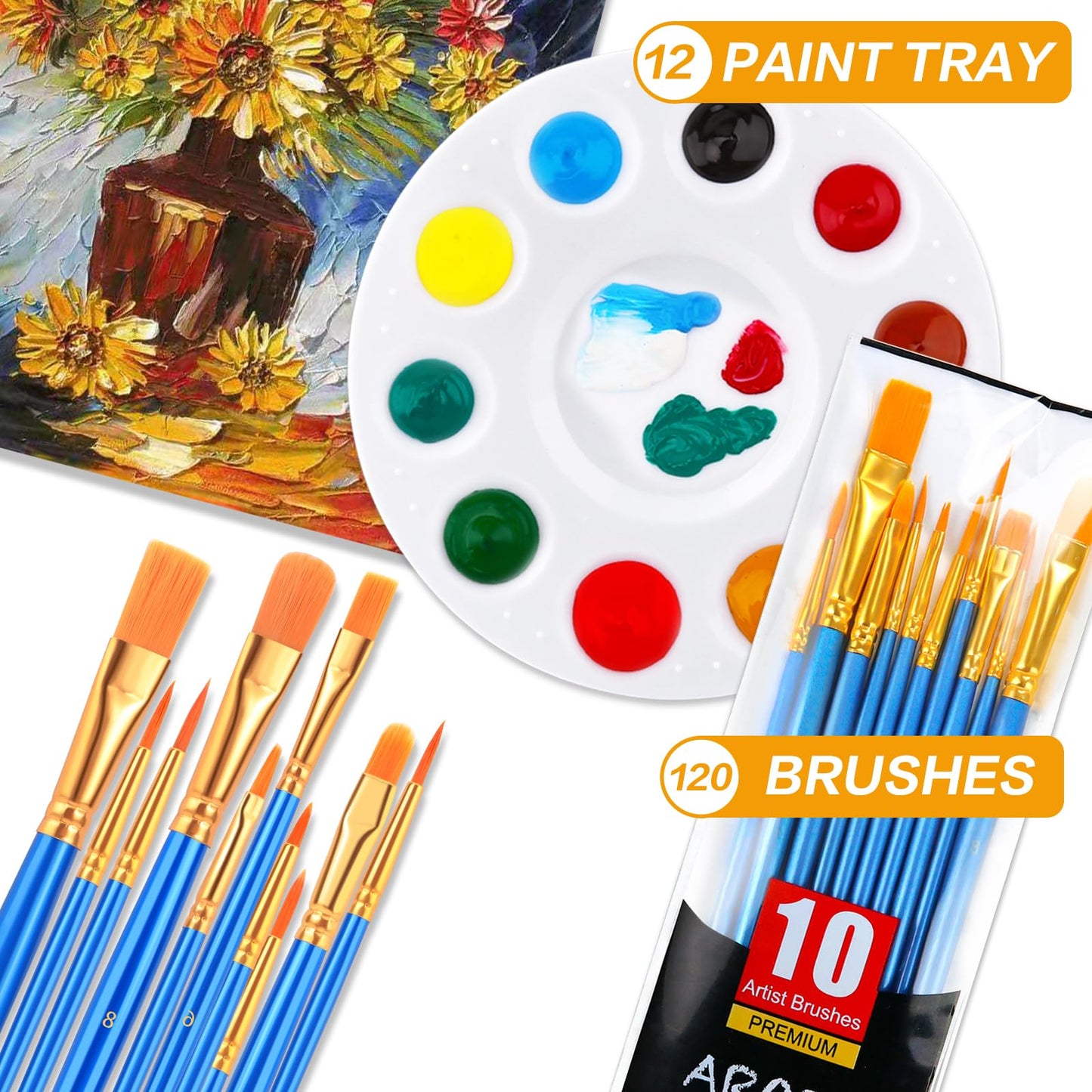 AROIC Paint Brush Palette Set, 12 Packs of 120 Brushes and 12 Tray Palettes
