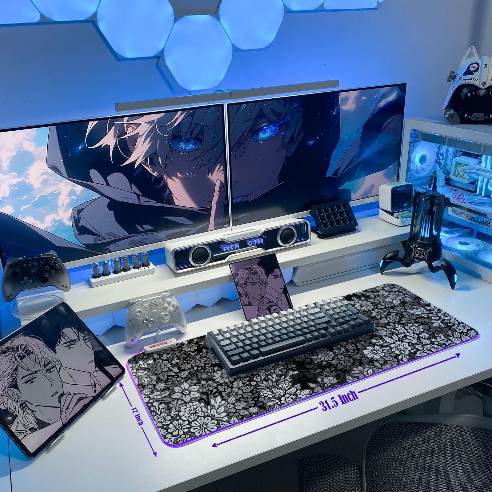 JMIYAV White Gaming Mouse Pad RGB Mousepad 31.5x12In Non-Slip Rubber Base Extra Large Cool XL XXL