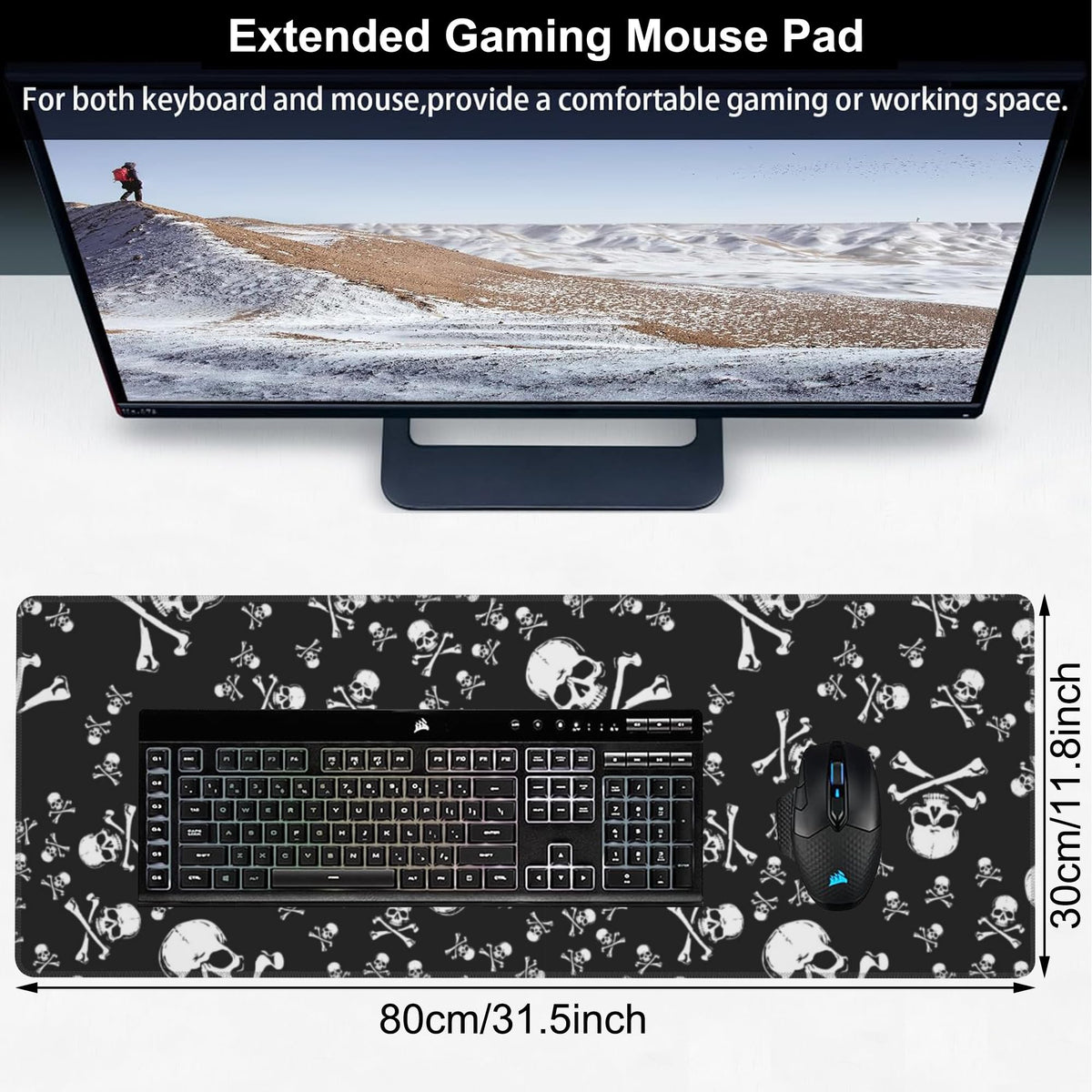 Skull Head Desk Mat,Large Pirate Skull Crossbones Gaming Keyboard Mouse Pad,Non-Slip Rubber Base