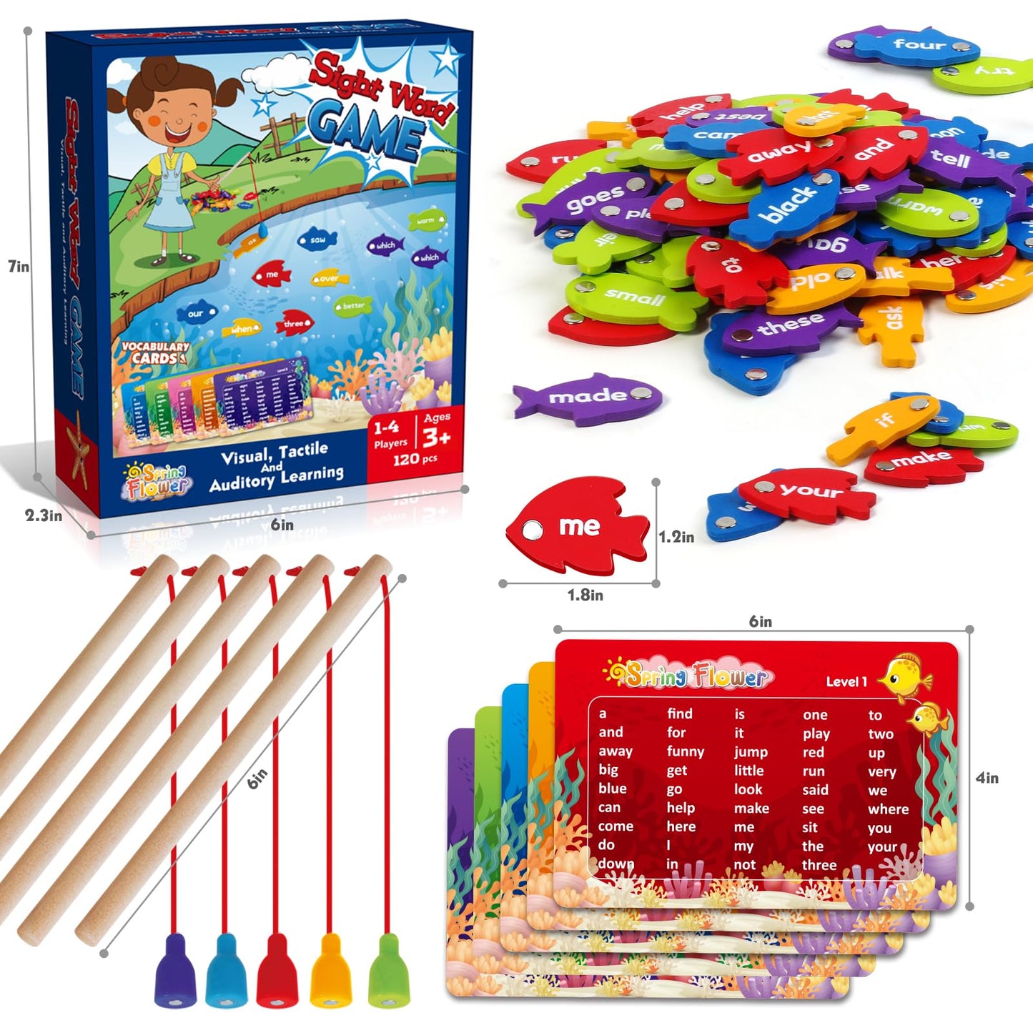 SpringFlower Wooden Magnetic Sight Word Fishing Game, Sight Word Educational Toy for Age of 3,4,5,6