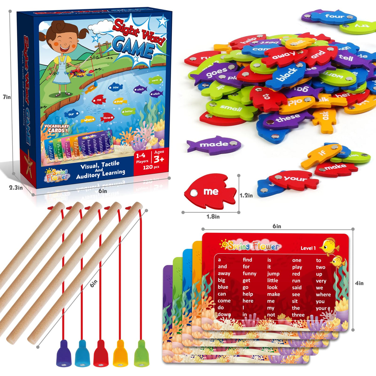 SpringFlower Wooden Magnetic Sight Word Fishing Game, Sight Word Educational Toy for Age of 3,4,5,6