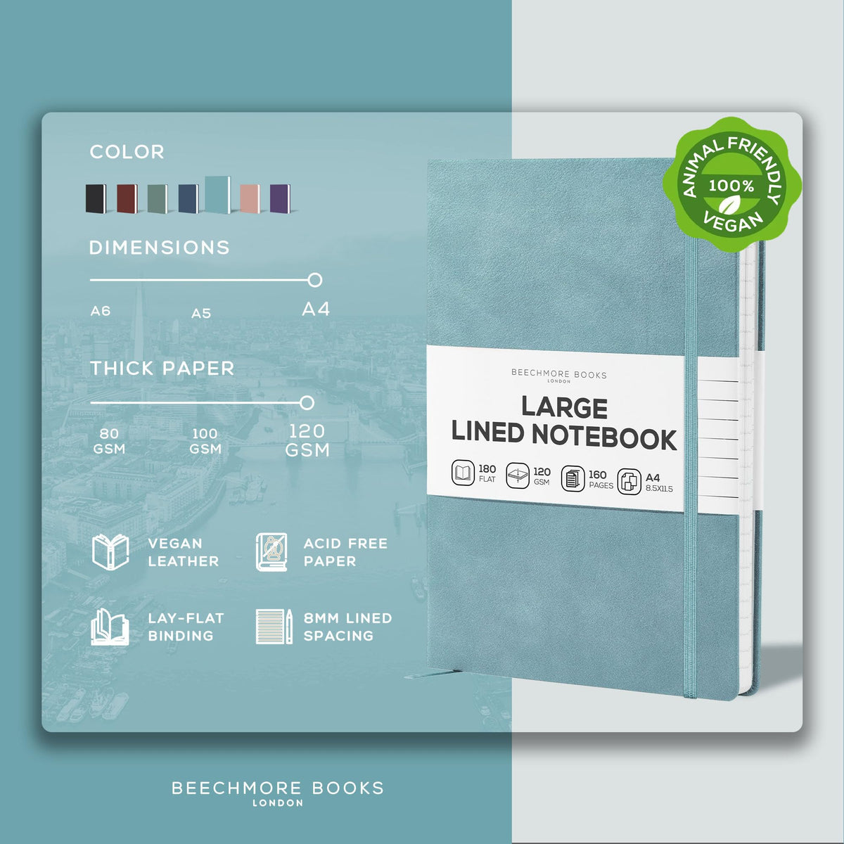 BEECHMORE BOOKS A4 8.5x11.5 Lined Leather Journal For Men 120 GSM, Gift Box