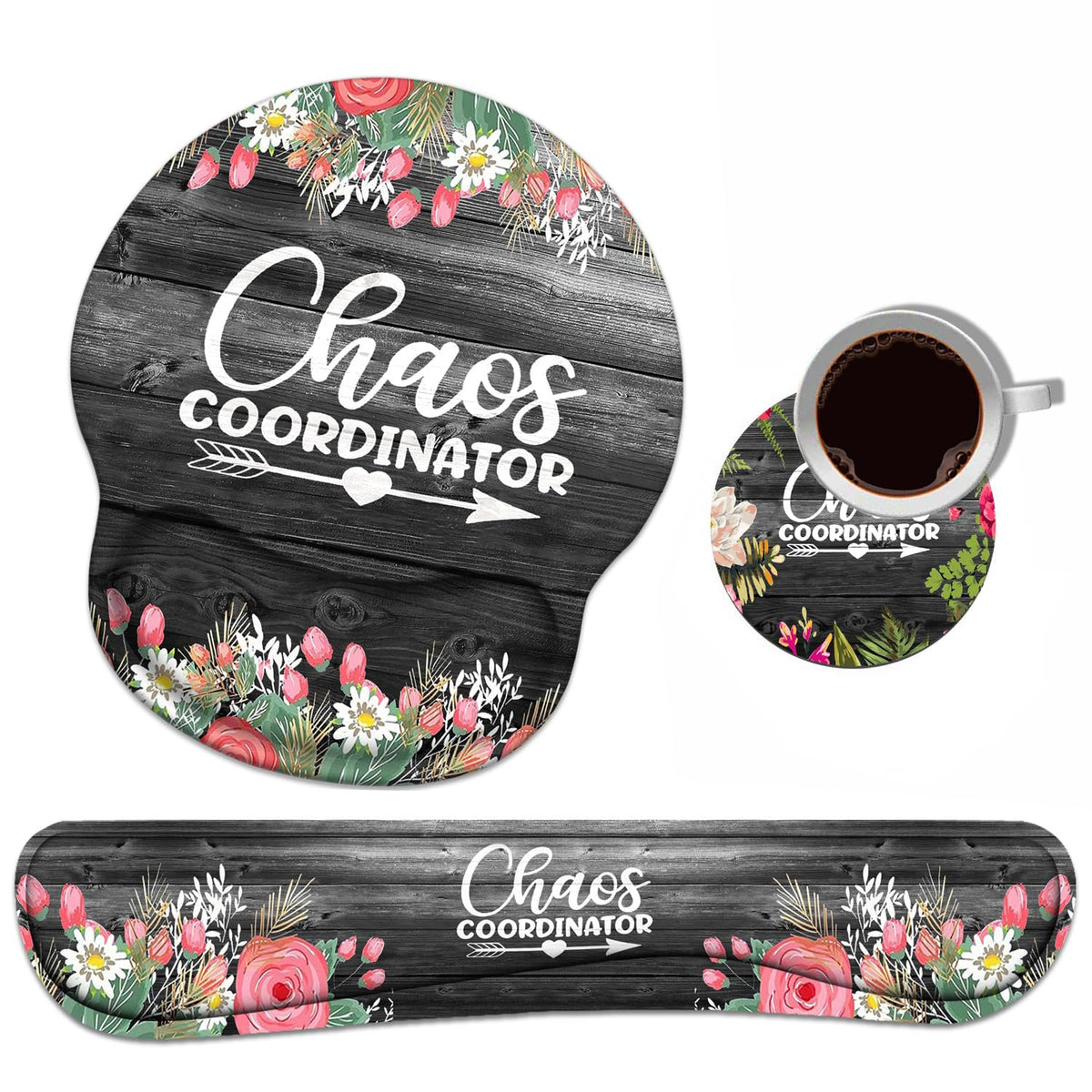 Keyboard Wrist Rest + Mouse Pad Wrist Support Set with Coasters, Chaos Coordinator Quotes Colored
