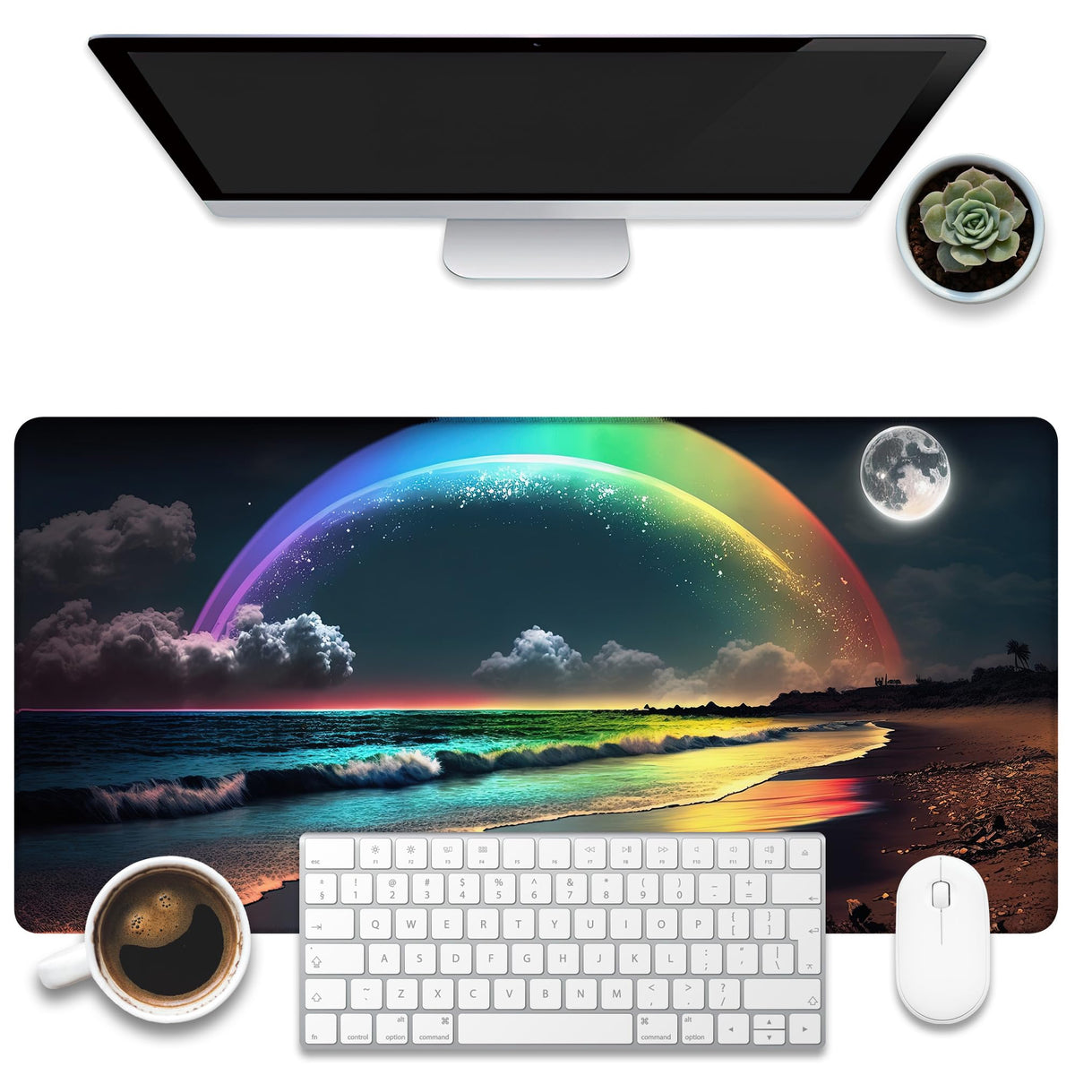 KOAIWPAE Desk Mat, Rainbow and Full Moon Desk Pad, Beach at Night Large Gaming Mouse Pad for Desk