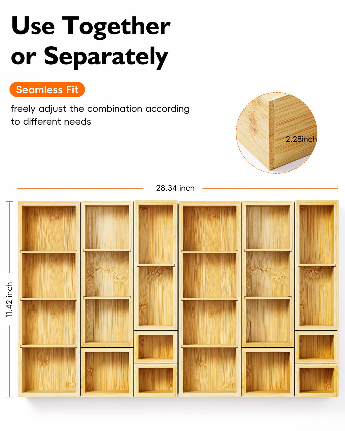 12-Piece Bamboo Drawer Organizer Set, 24 Compartments Modular Storage