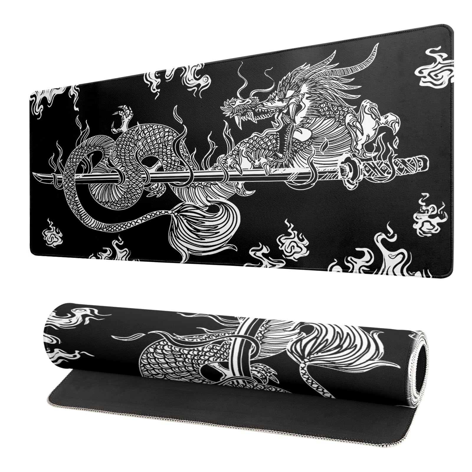 Dragon Gaming Mouse Pad - Black, Large (31.5x11.8 Inch), Non-Slip Base, Stitched Edge for Gaming &