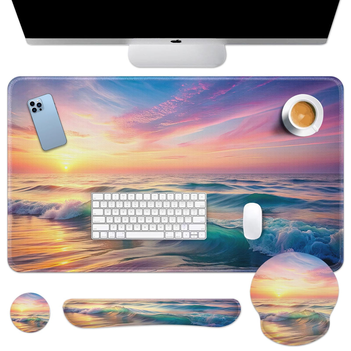 Britimes Keyboard Mouse Pad Set, 4 in 1 Desk Mat Set, Sunset Beach