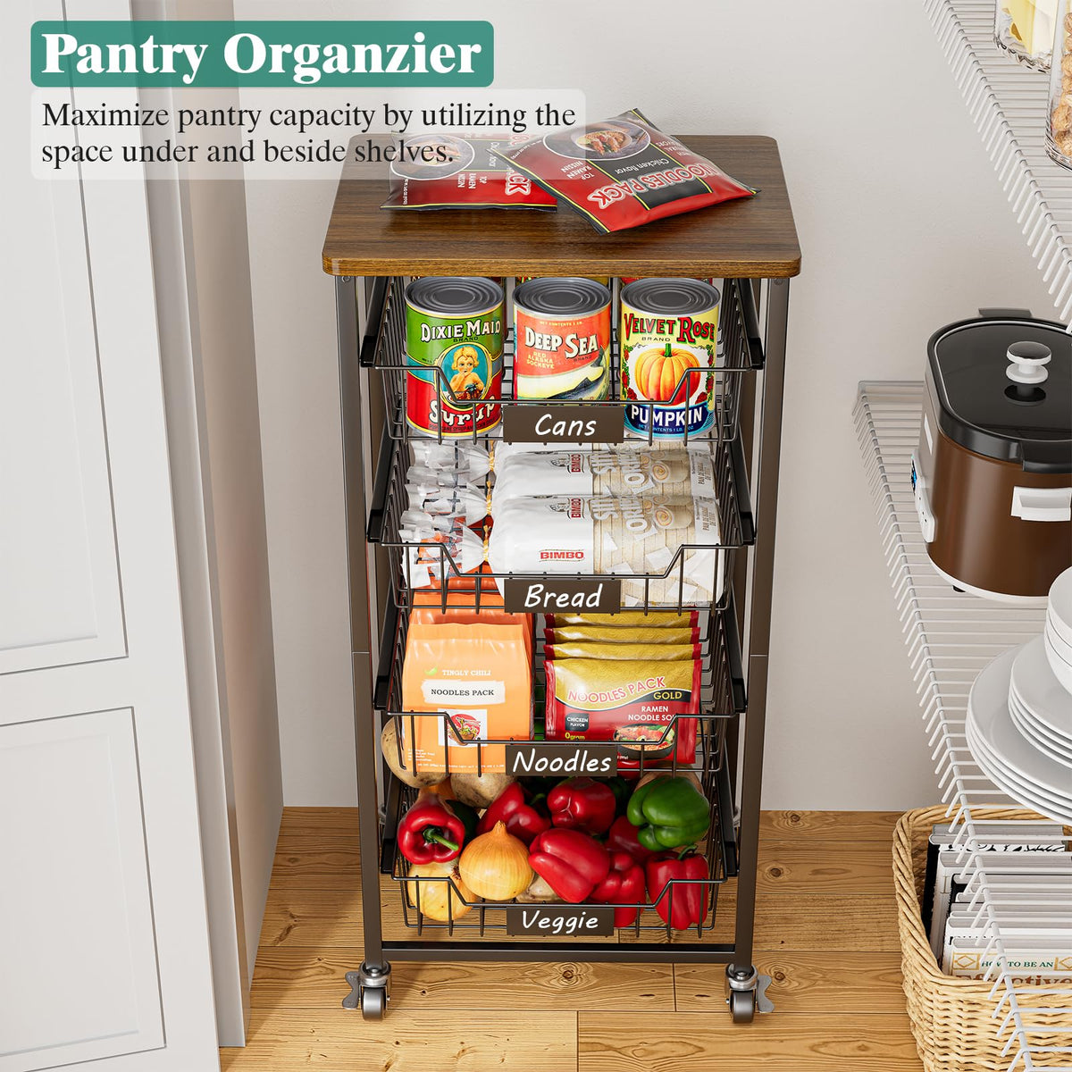 CHLORYARD 5-Tier Vegetable Fruit Basket Kitchen Storage Rolling Cart on Wheels with Pull-Out