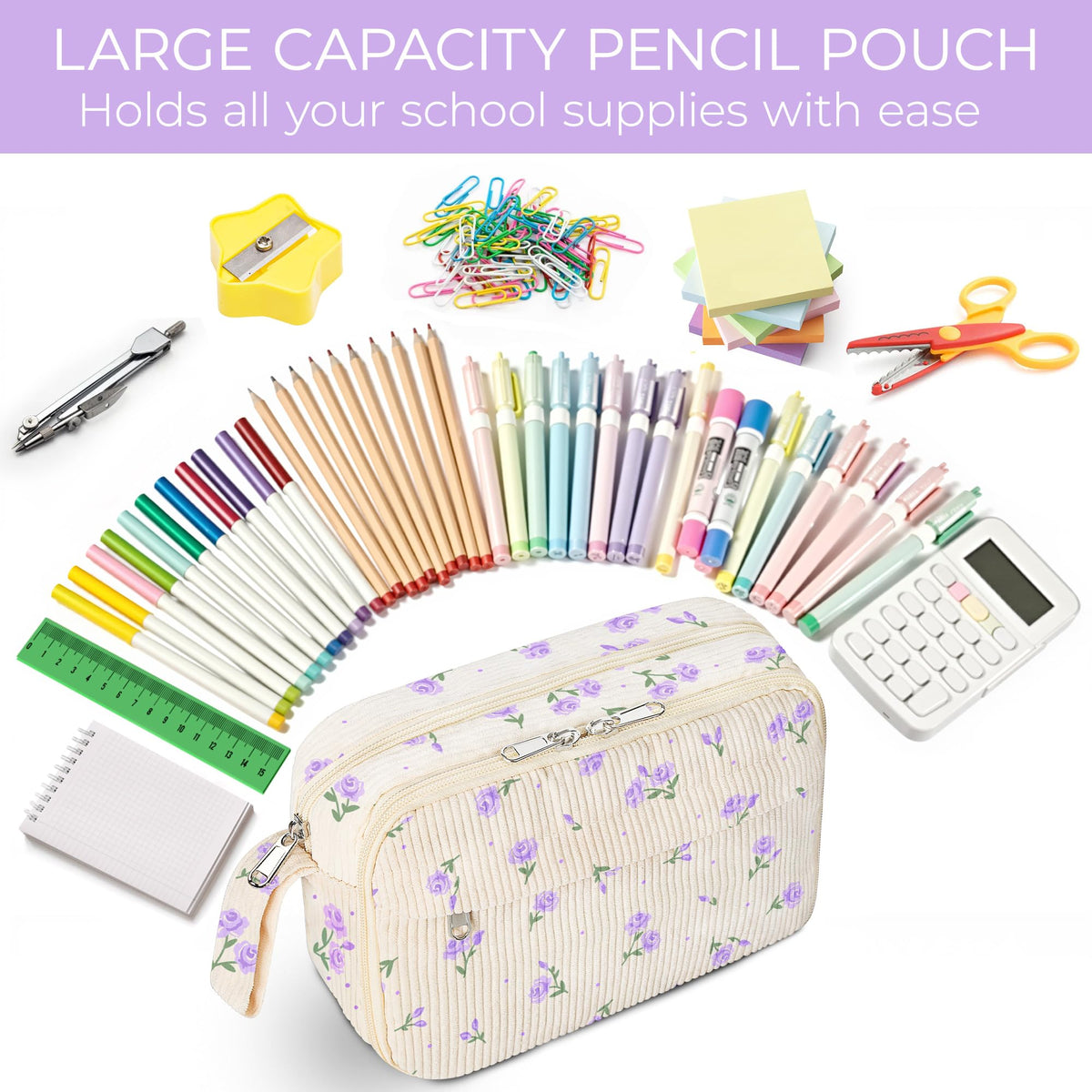 WOBAGMEN Cute Pencil Case,Large Corduroy Zippered Pencil Case Pouch, aesthetic Pencil Bag with