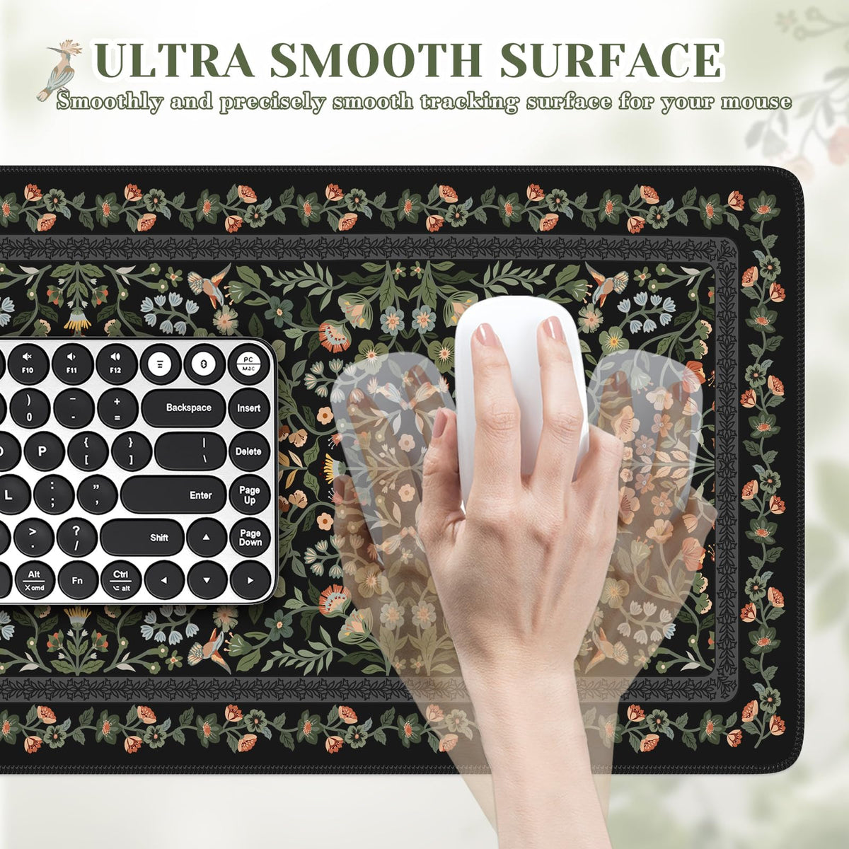 iCasso Aesthetic Floral Desk Mat,Retro Mouse Pads,31.5x11.8in, Black