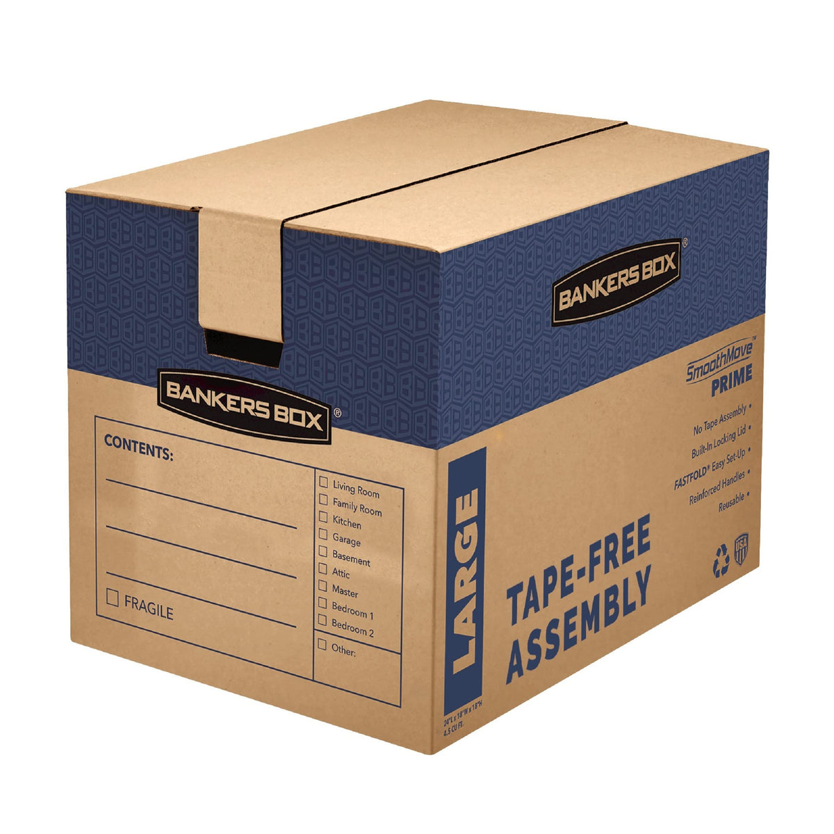 Bankers Box Large Prime Moving Box 6 Pack, Reinforced Handles, Tape-Free Assembly, Attached Lid