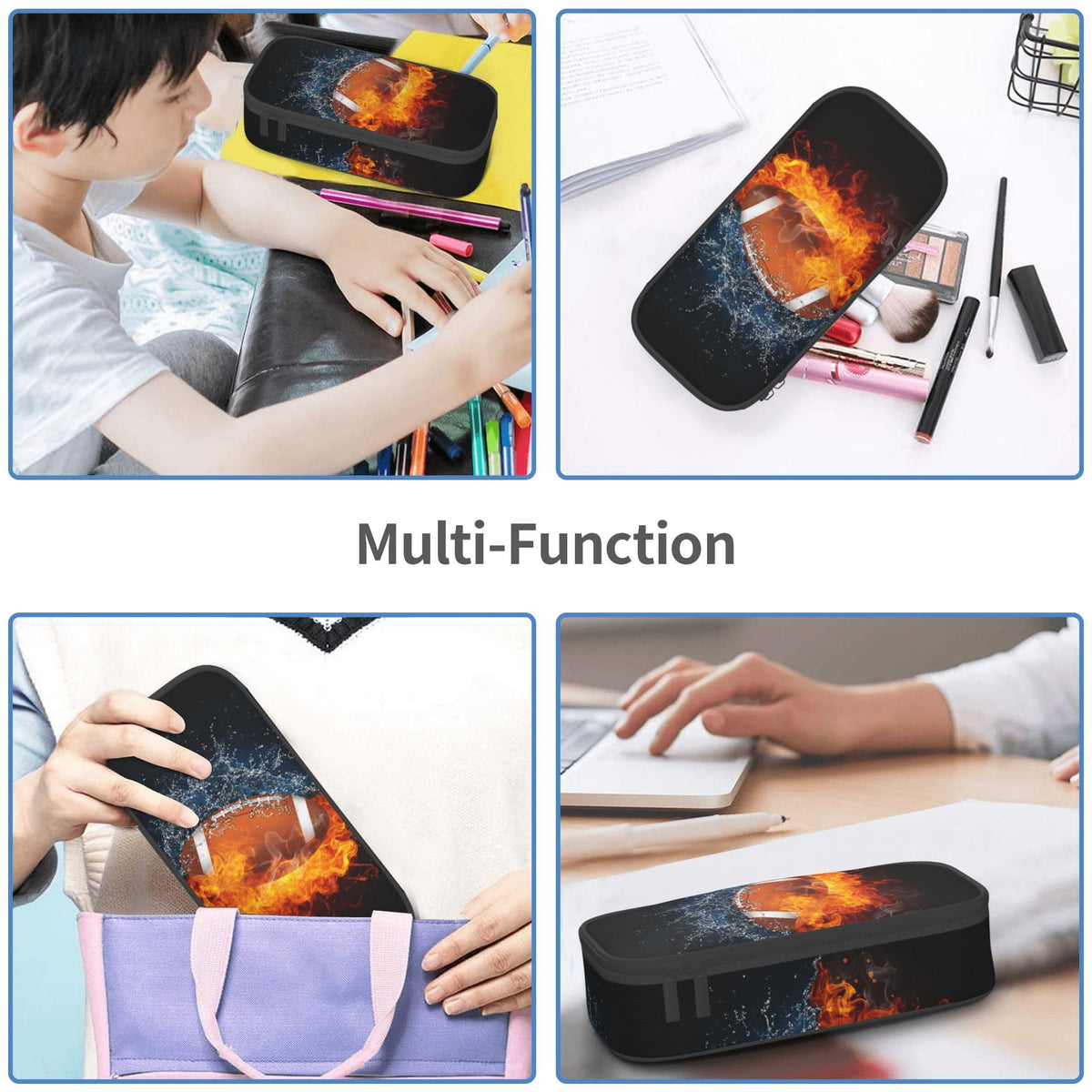 Kids Pencil Pouch for Boys, Football Pencil Case with Fire Water Pattern Print, Big Capacity Black