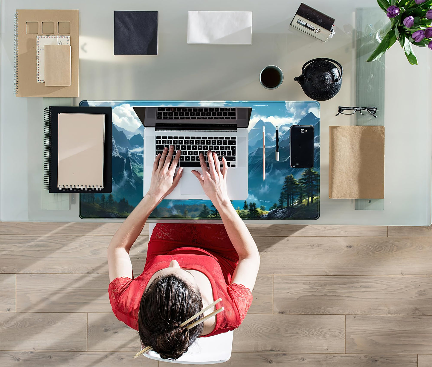 Aesthetic Mountain Vista Desk Mat, Blue Natural Wonder XXL Large Extended Gaming Mouse Pad Mat
