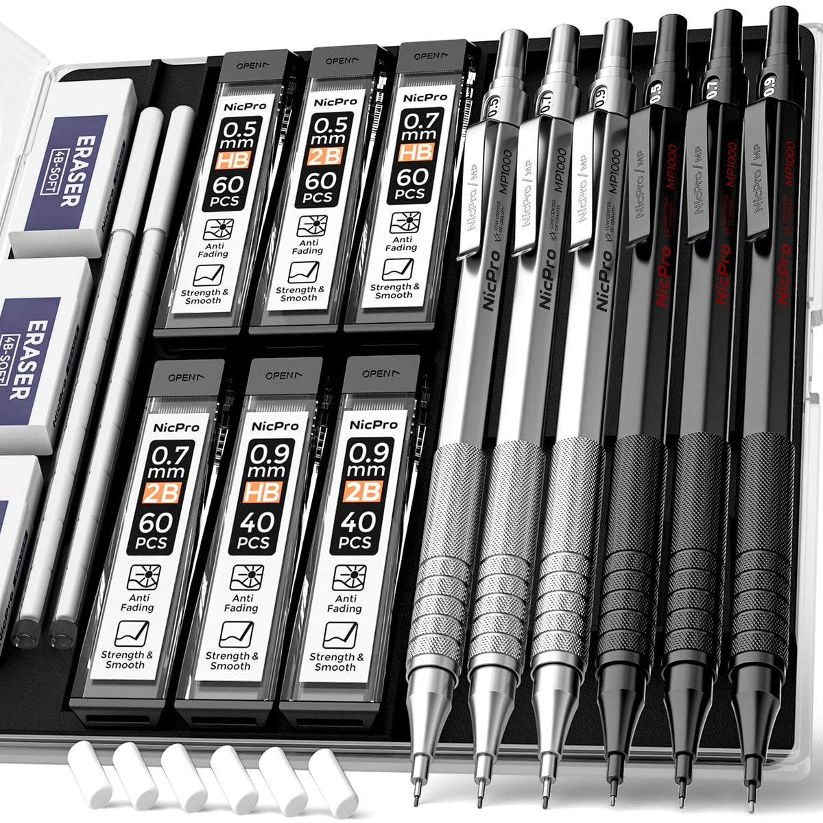 Nicpro 0.5 & 0.7 & 0.9 mm Metal Mechanical Pencil Set with Case-6 Pack