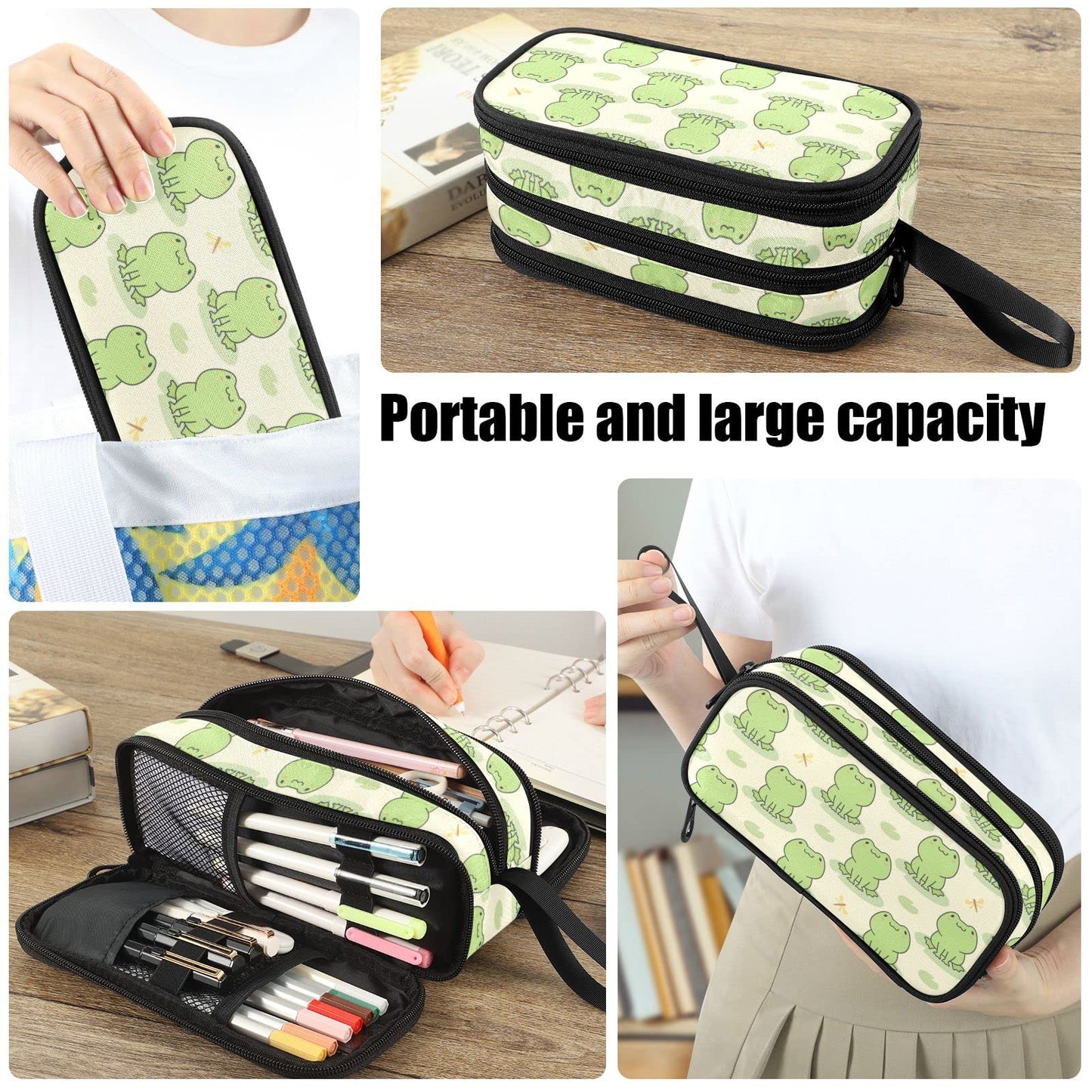 Fustylead Cute Frog Big Capacity Pencil Pen Case, Multi-Purpose Makeup Bag Organizer Storage Pouch