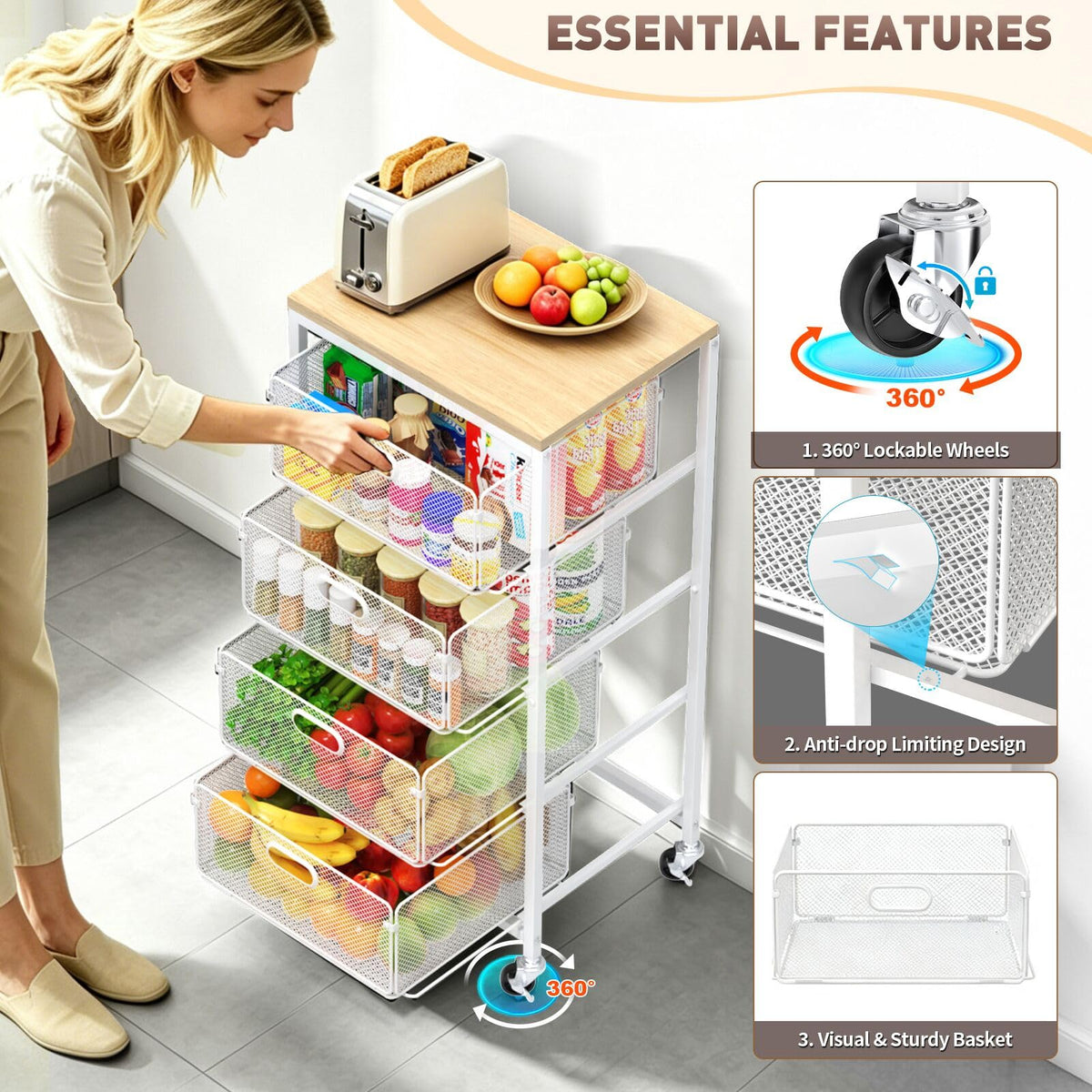 SUNALLY Kitchen Storage Cart with Drawers,Metal Snack Cart Organizer,White