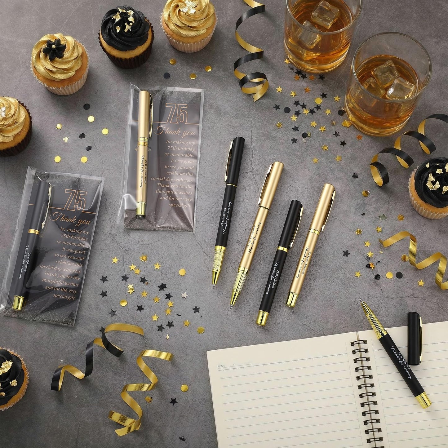 Feifeiya 30 Set 75th Birthday Favors with Black Gold Pens Cards