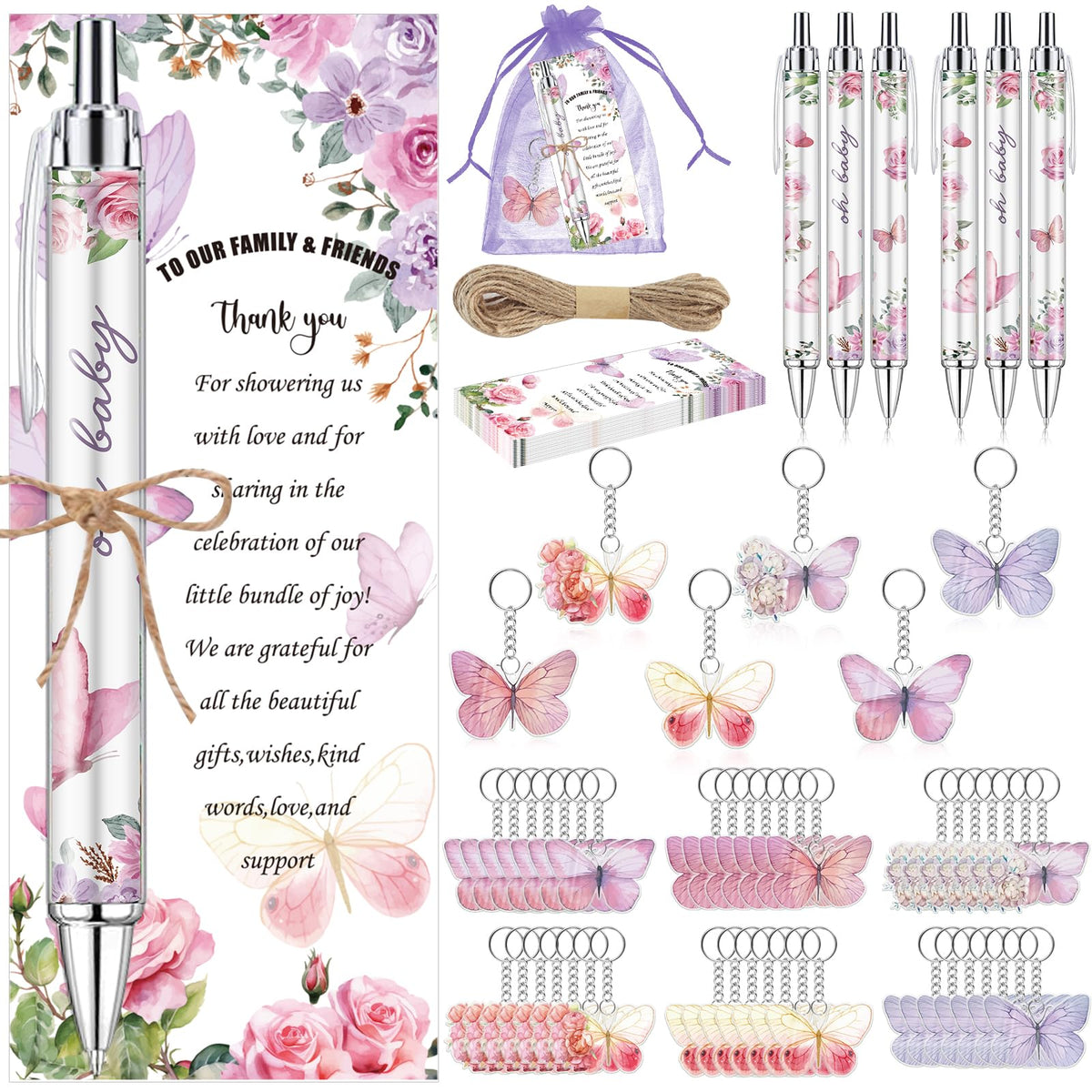EYNDYN 289 Pieces Butterfly Baby Shower Gifts for Guest Ballpoint Pens and Keychains Favors for