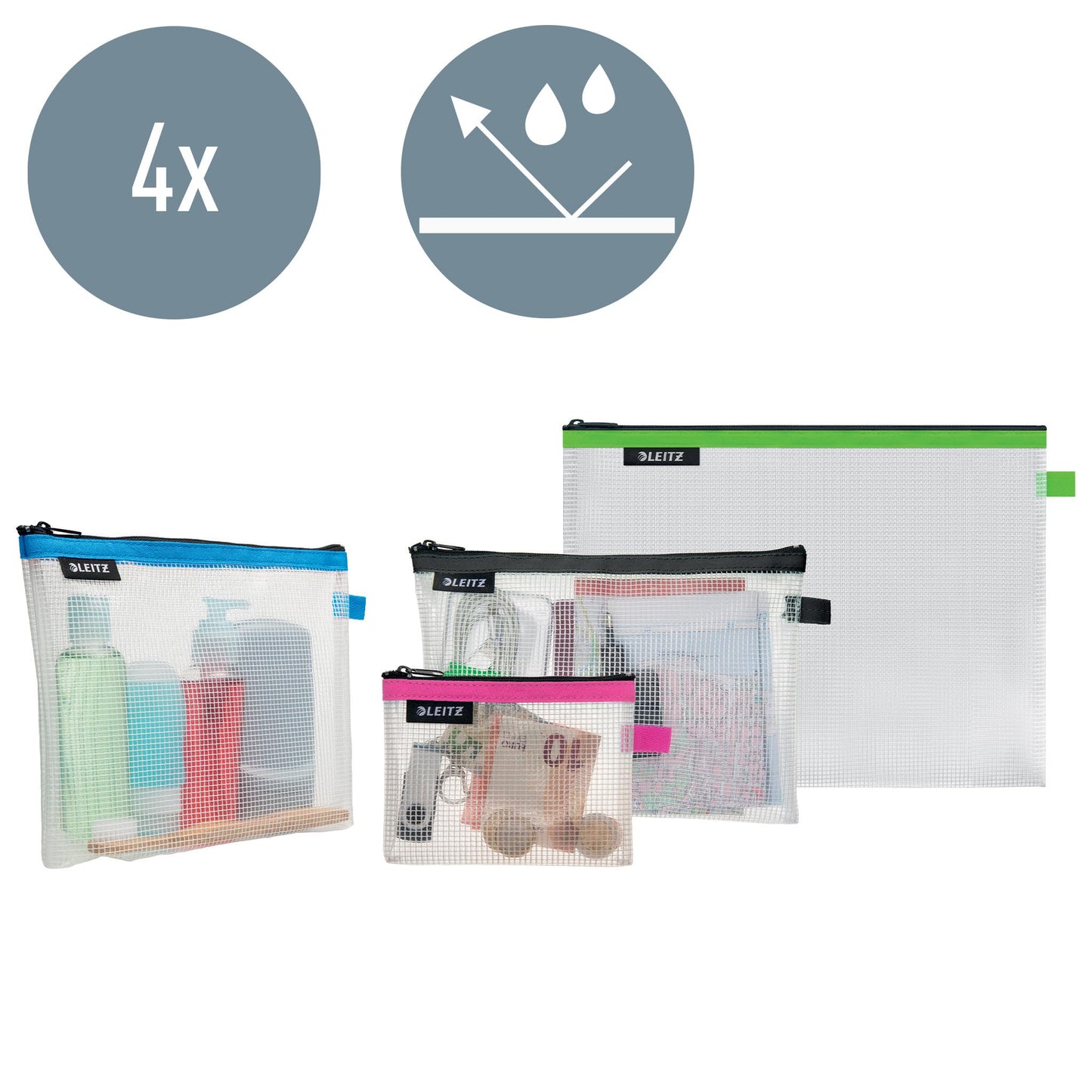 Leitz Set of 4 Leitz Wow Travel Pouches, Water Resistant, Translucent, Ideal for Visible Storage