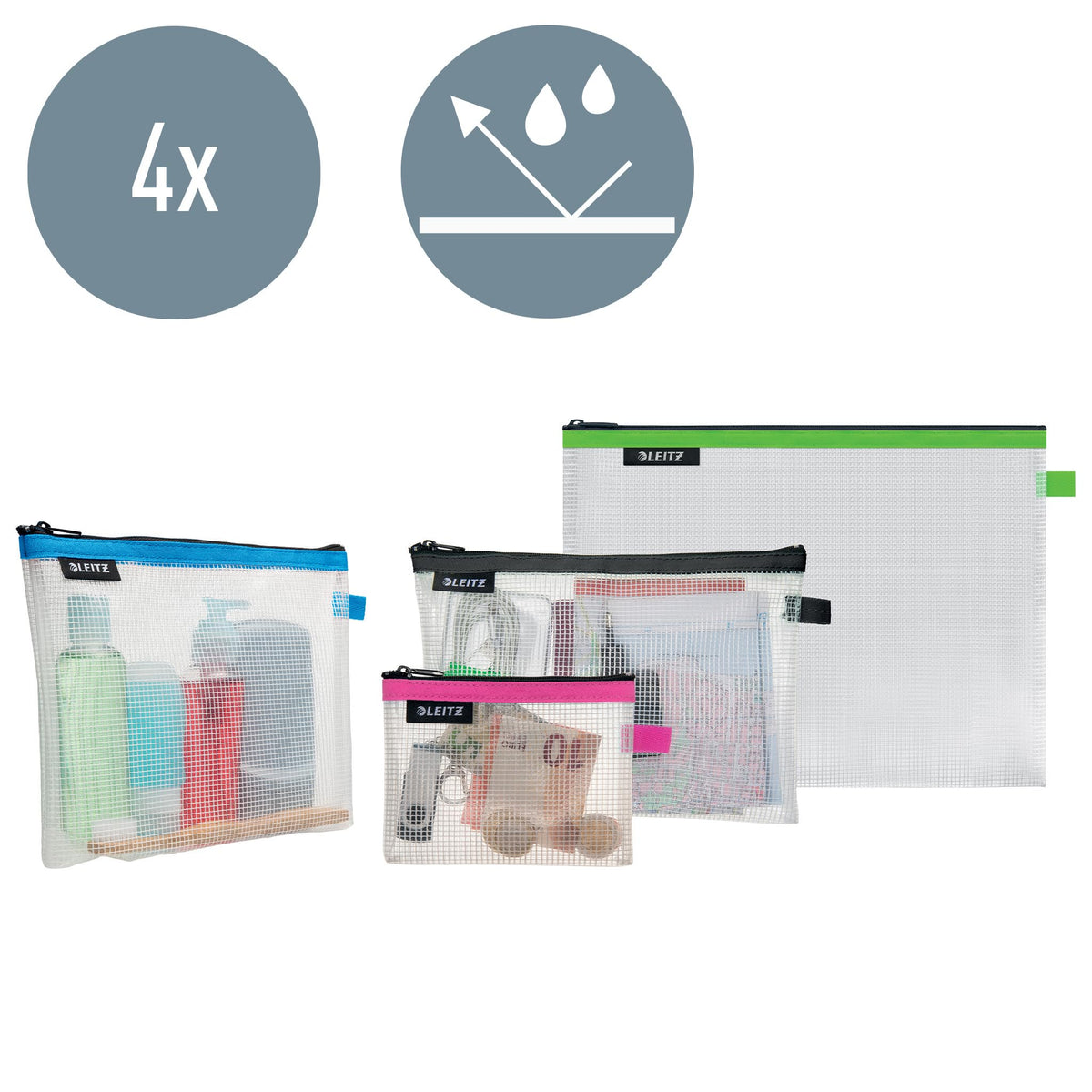 Leitz Set of 4 Leitz Wow Travel Pouches, Water Resistant, Translucent, Ideal for Visible Storage