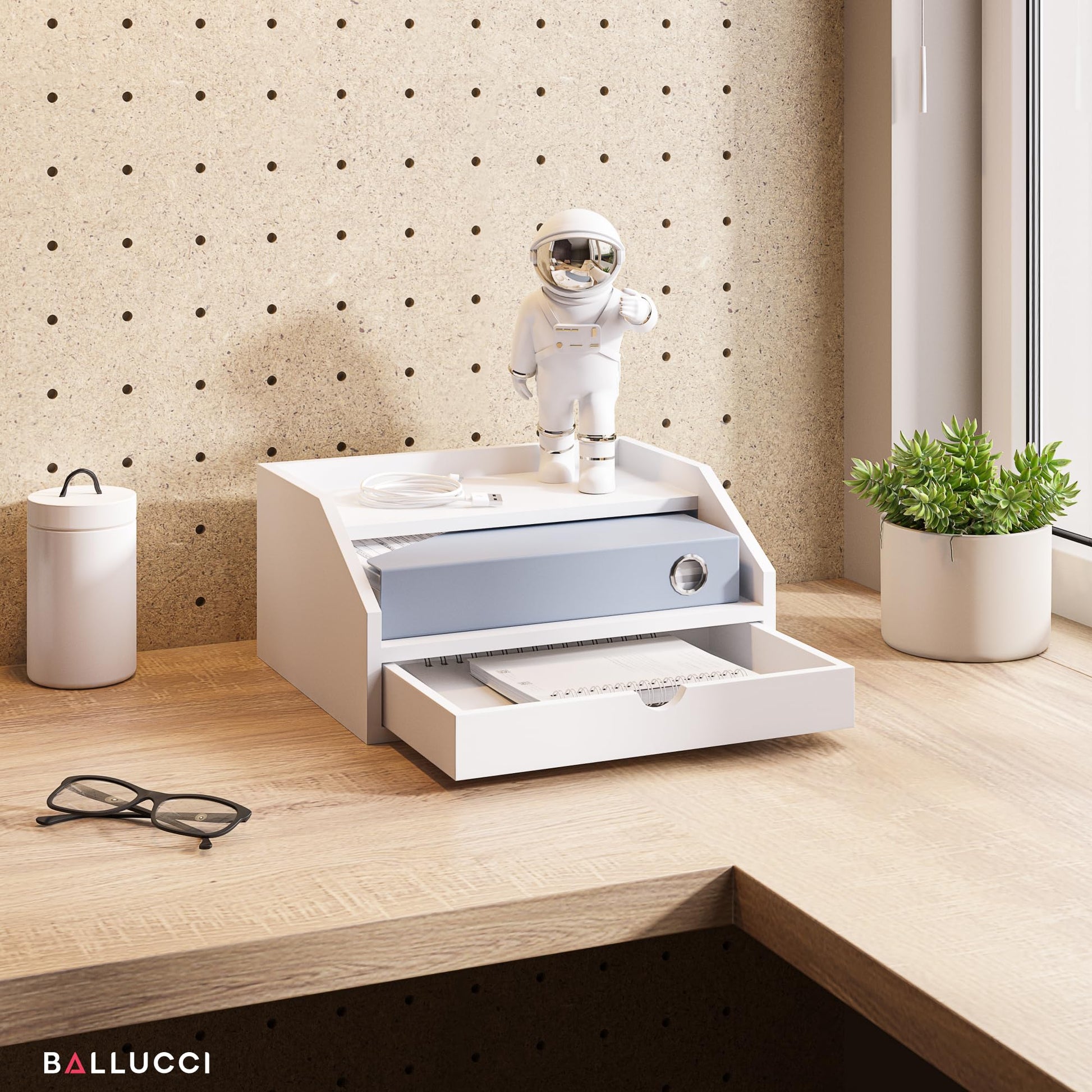 Ballucci Desk Organizer with Drawer, 2 Tier Paper Office Supplies Desk Organizer, 13 2/5" x 9 3/5"