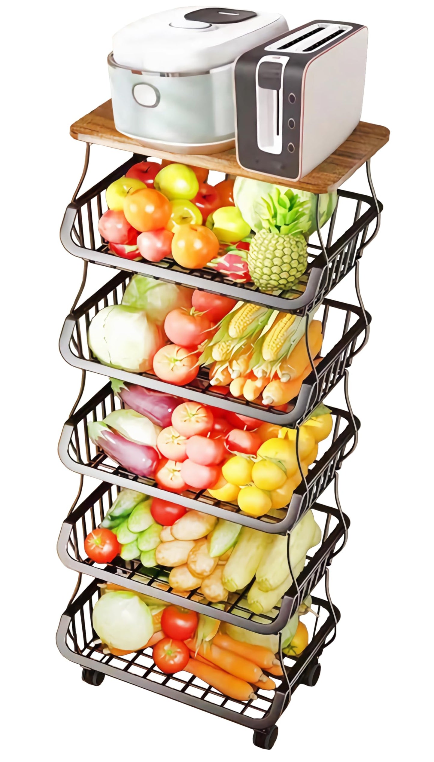 MURRI&MURRDI Fruit Vegetable Storage Basket with Wooden Lid, 6 Tier Stackable Wire Kitchen Cart