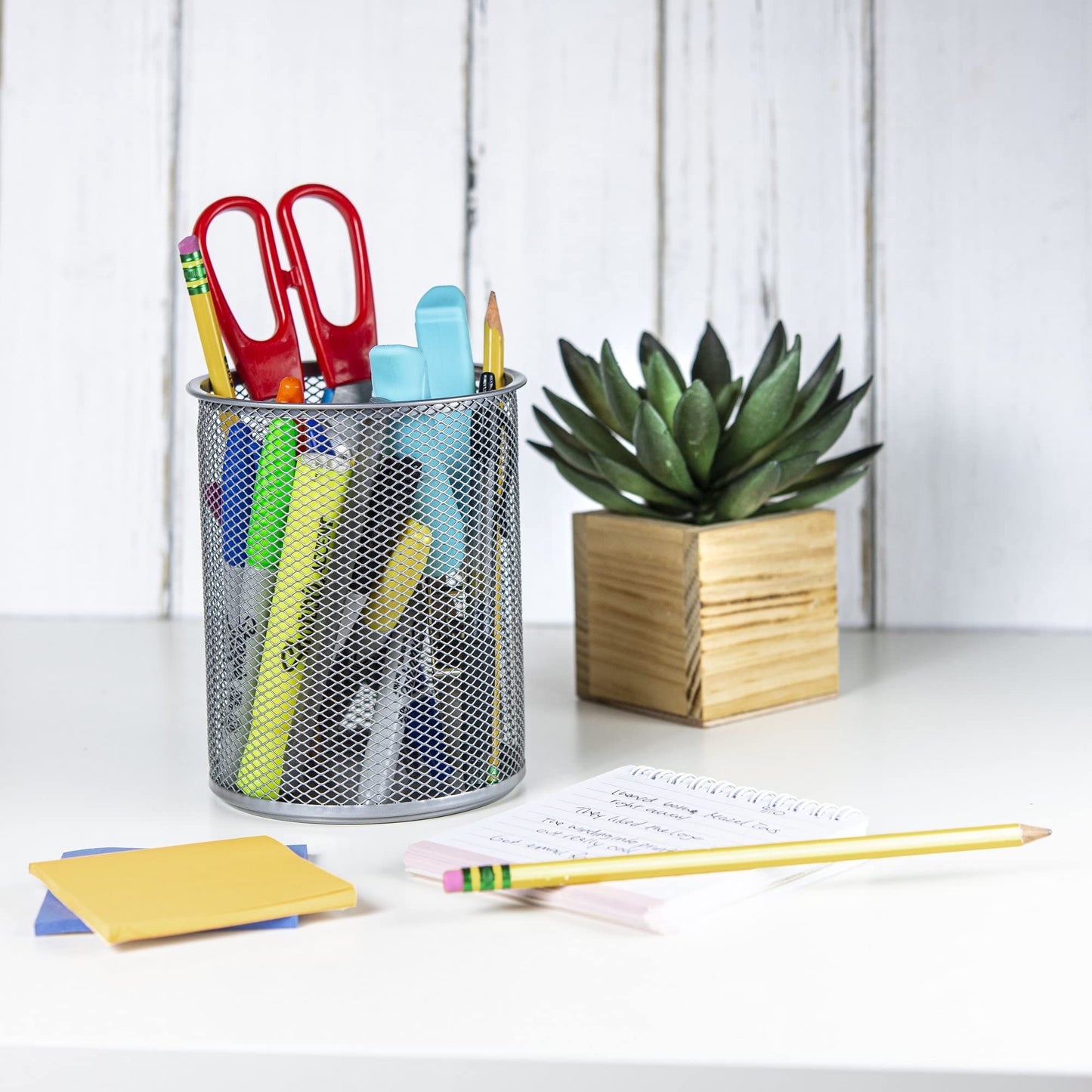 YBM HOME Office Round Desk Steel Mesh Pencil Cup Pen Holder Silver, 2210-6 Pack of 6
