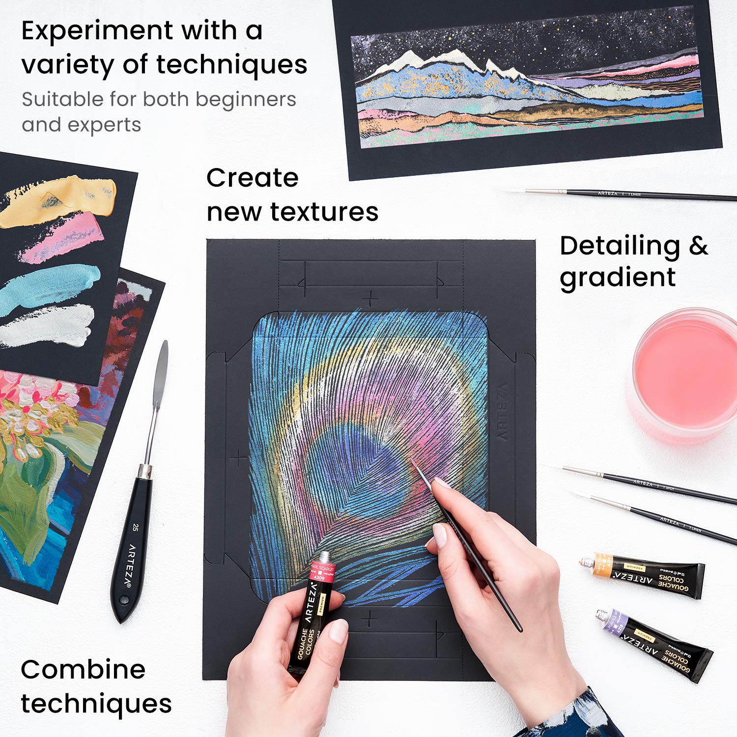 ARTEZA Metallic Gouache Paint Set with Black Canvas Paper, Includes 12 Gouache Colors, Foldable