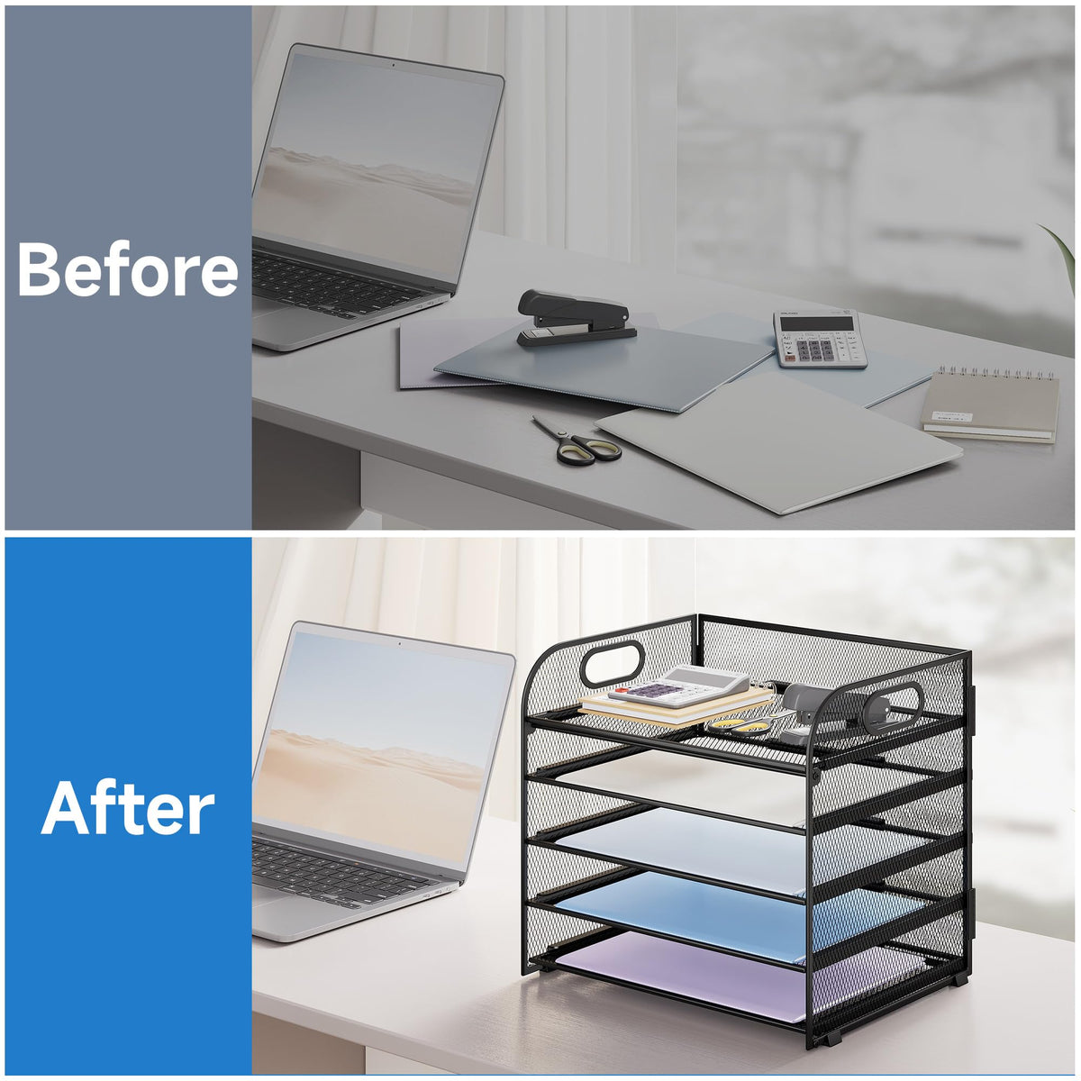 Kinkota Paper Organizer Letter Tray with Handle Mesh 5 Trays-Black 2 Pack