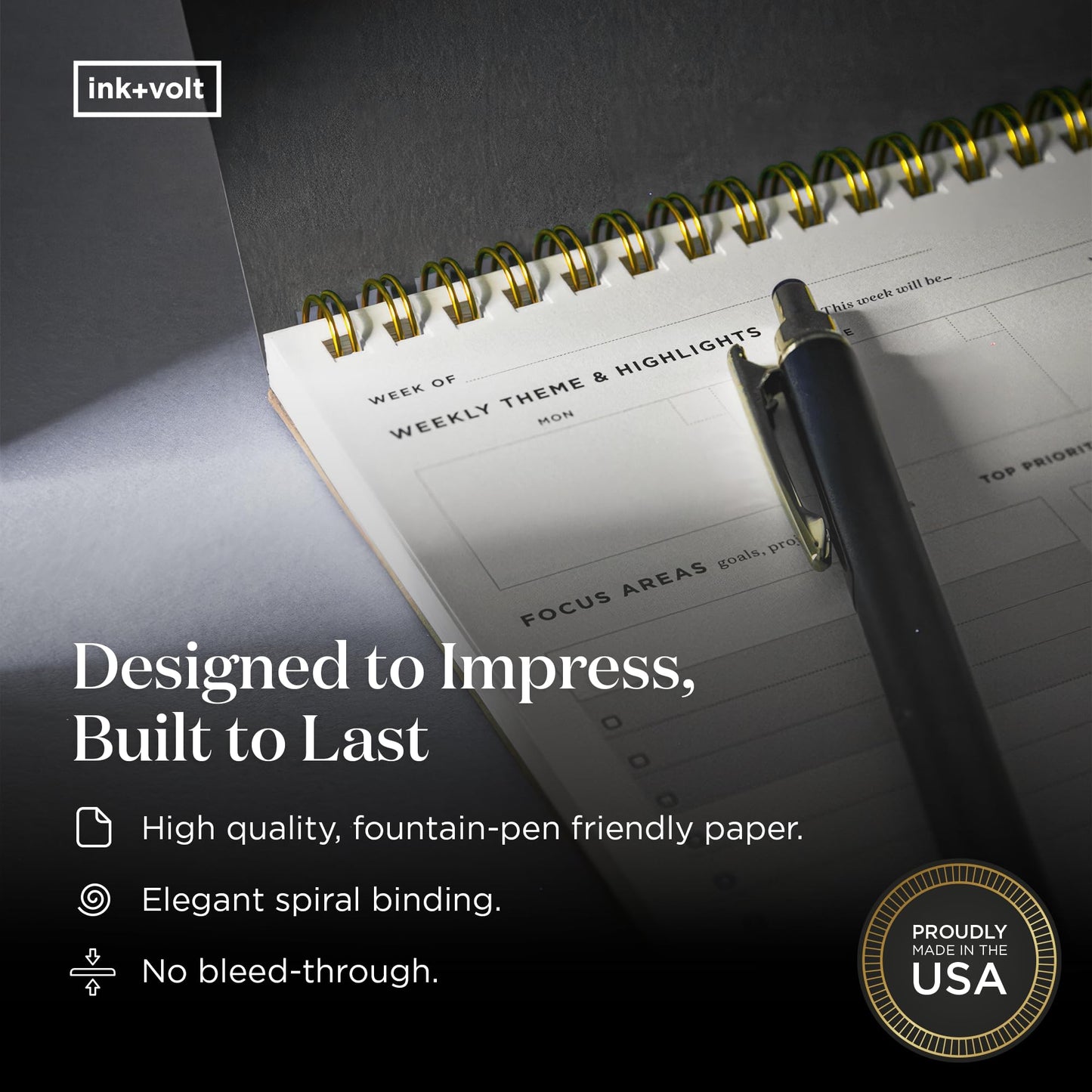 Ink+Volt Dashboard Spiral Deskpad | Undated Weekly Planner Notepad w/ 52 Undated Sheets, Premium