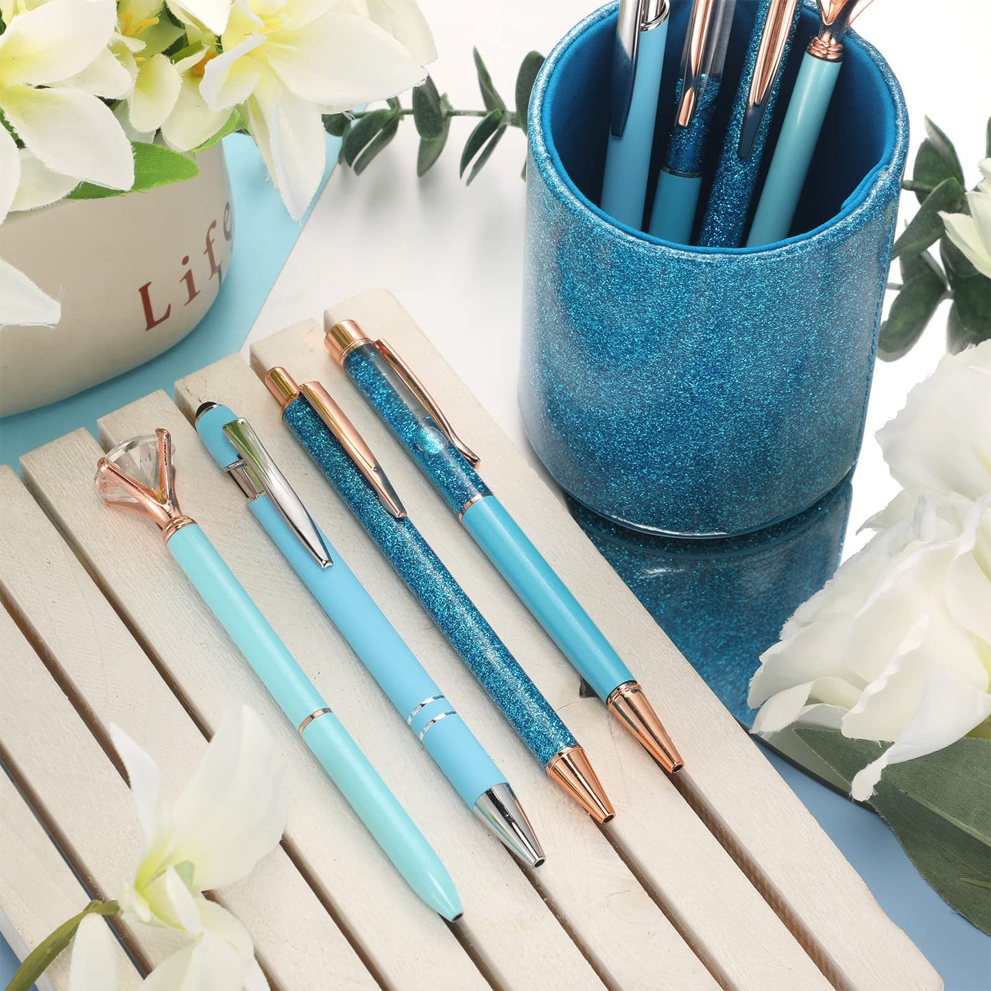 Sabary 8 Pcs Blue Diamond Pens with Glitter Desk Pen Holder for Women