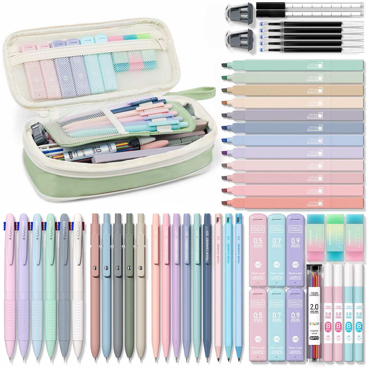 Four Candies 56PCS School Supplies with Pencil Case, Stationery Set, Green