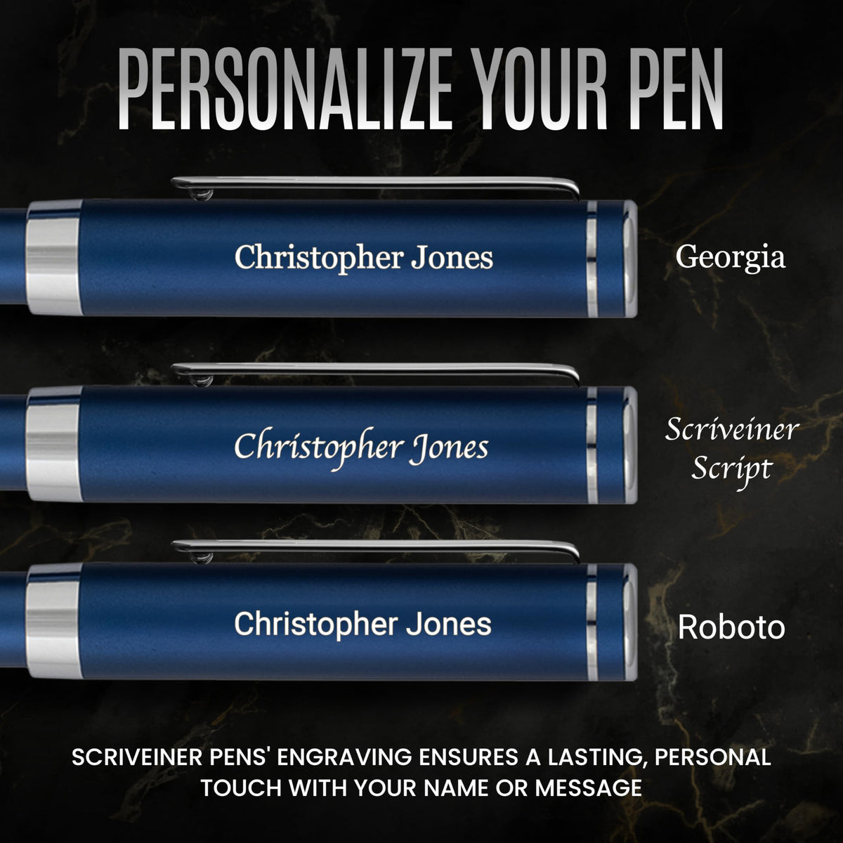 Scriveiner Personalized Luxury EDC Fountain Pen (Medium), Stunning Matt Blue Pocket Pen, Chrome