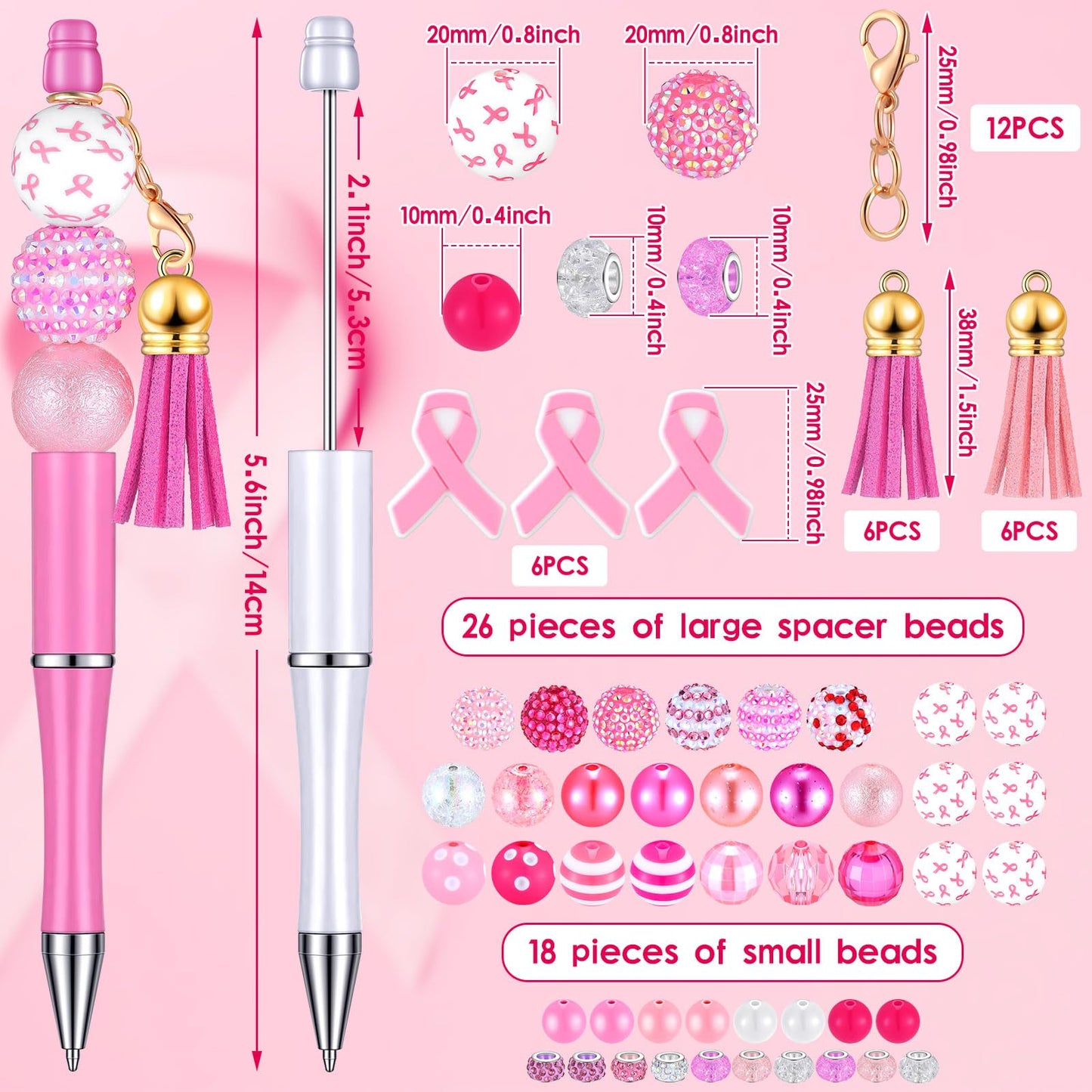 Tinlade 12 Beadable Pens Bulk with 50 Beads Multicolor DIY, Pretty Style