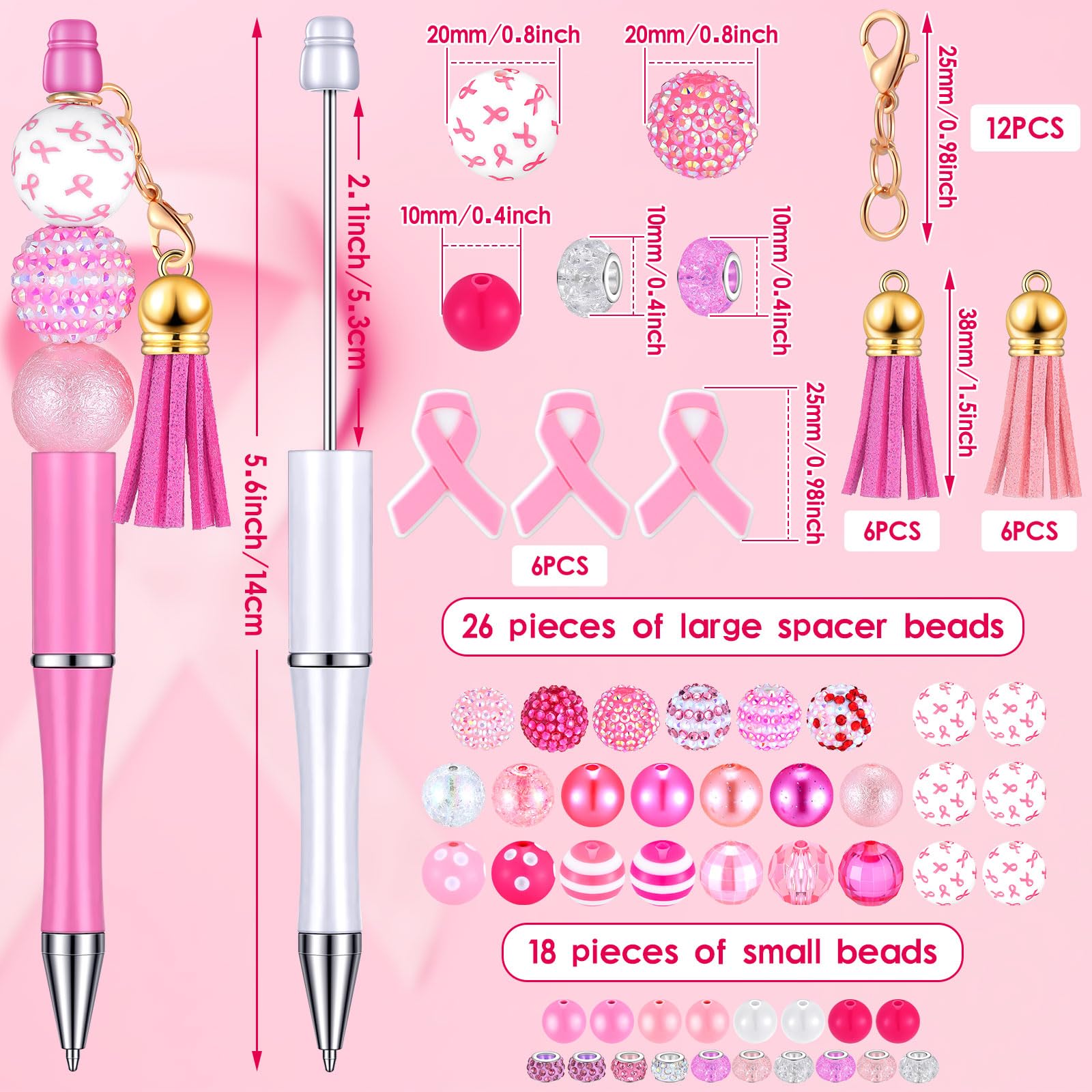 Tinlade 12 Beadable Pens Bulk with 50 Beads Multicolor DIY, Pretty Style