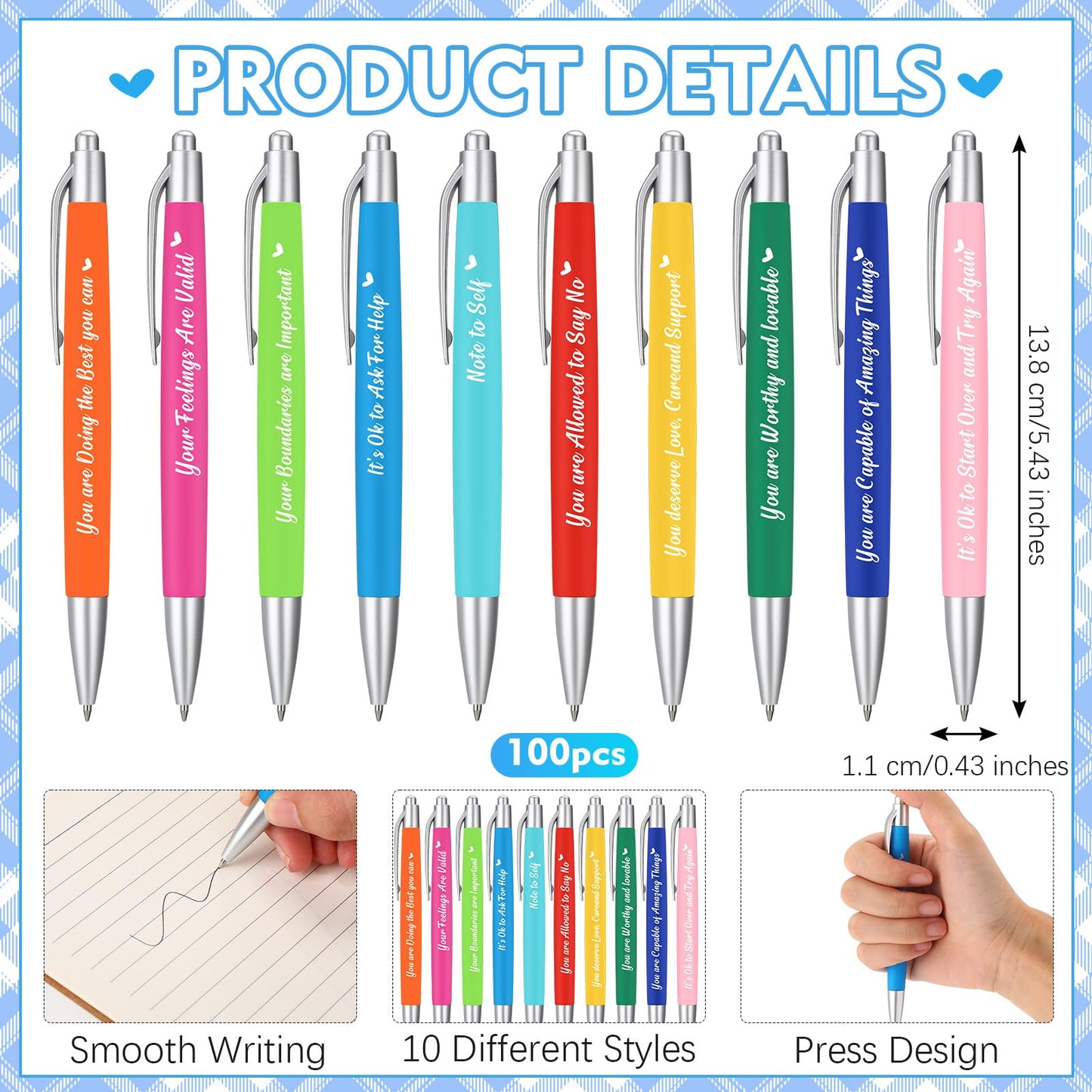 Yeaqee 100 Pcs Motivational Pens, Multicolored, Mental Health Reminders