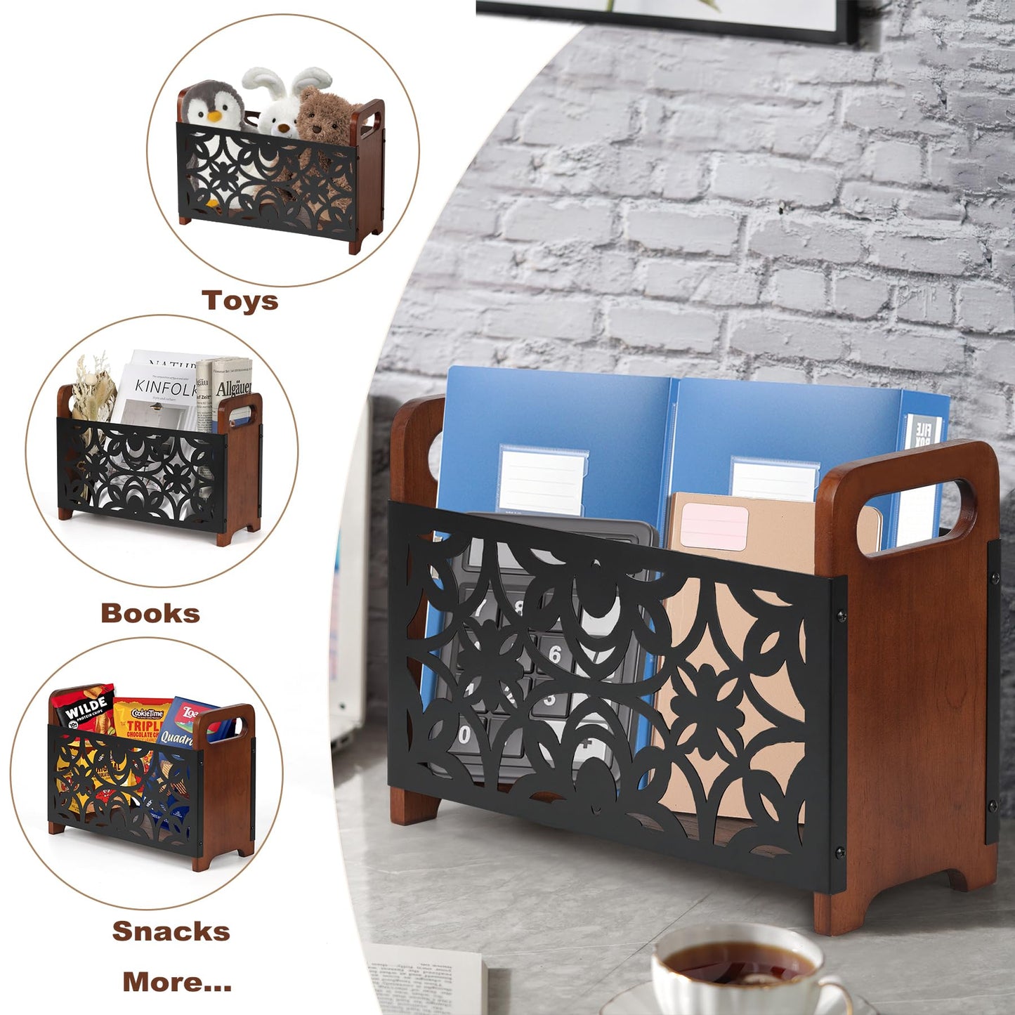 QILICHZ Magazine Holder,Oak Wood Magazine Rack Floor,Lotus Pattern
