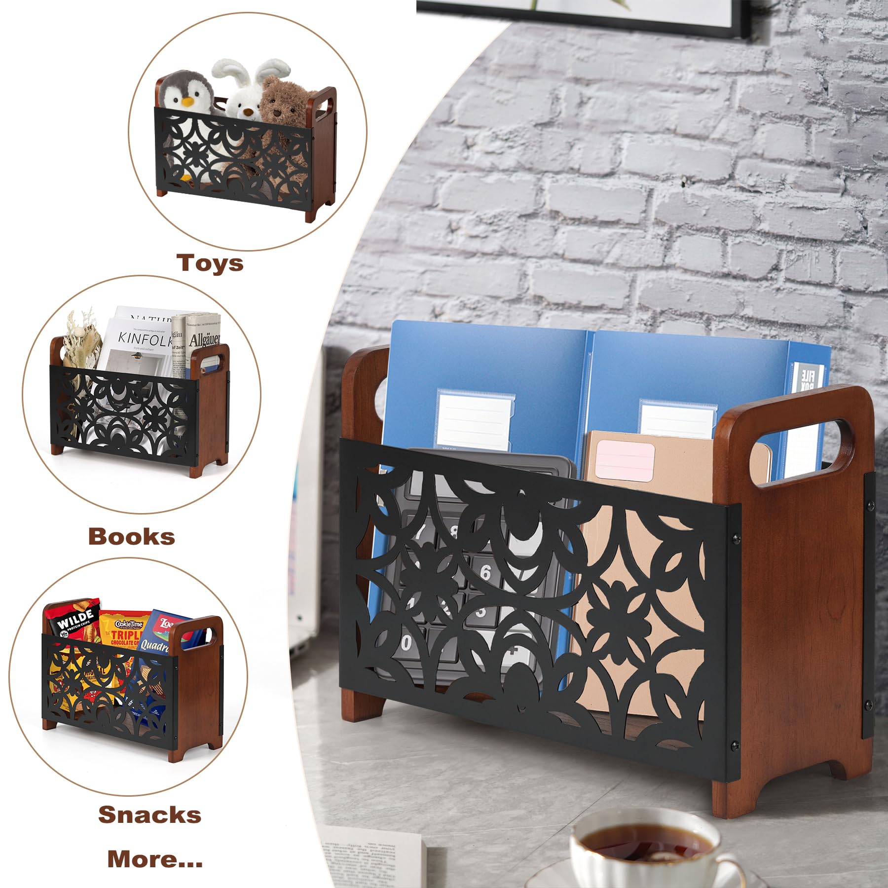 QILICHZ Magazine Holder,Oak Wood Magazine Rack Floor,Lotus Pattern